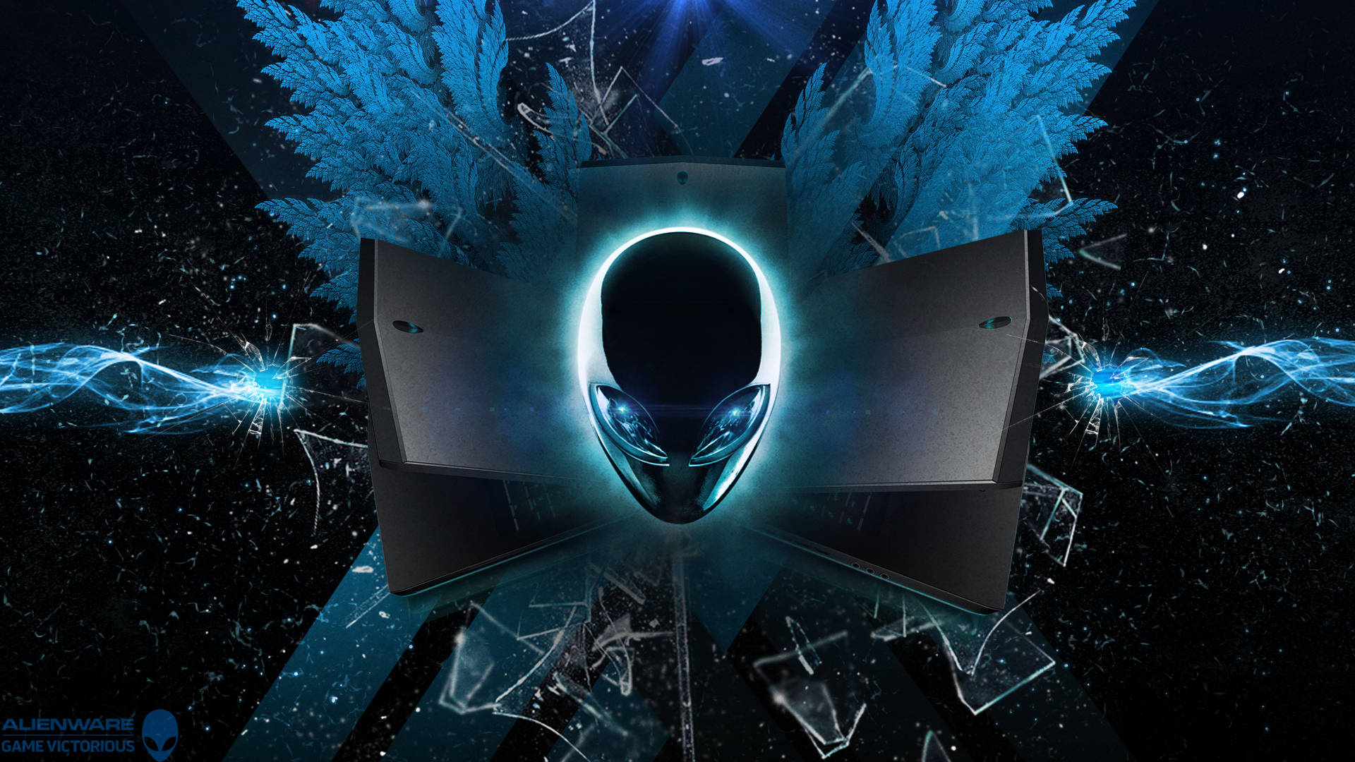 3840x2160 alienware 桌布 壁紙 — Alienware 標誌在破碎玻璃和宇宙星空的背景下，發出電光藍色的能量光芒。