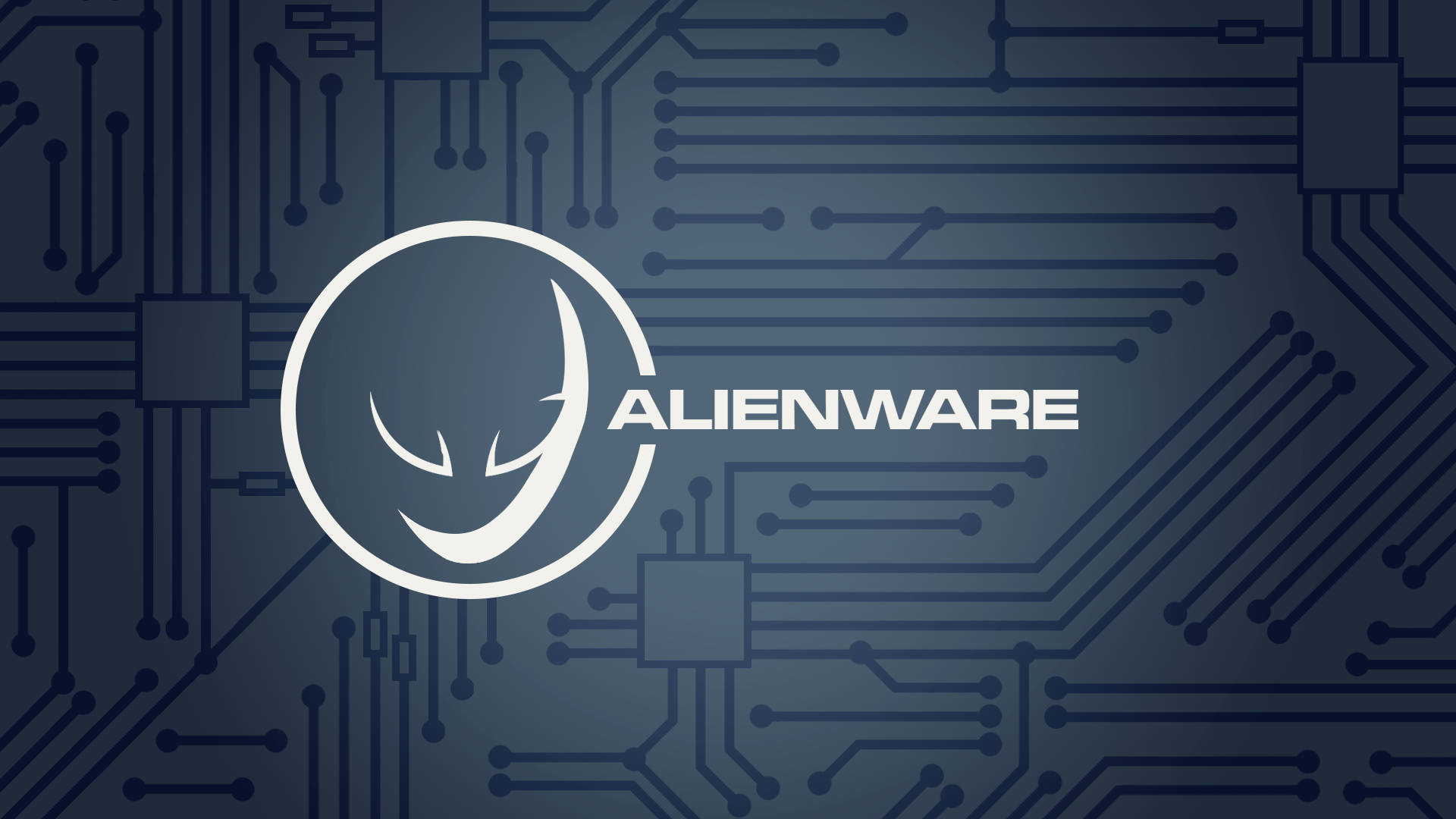 3840x2160 alienware 桌布 壁紙 — Alienware 標誌居中於深藍色電路板圖案上，帶有發光的白色線條。