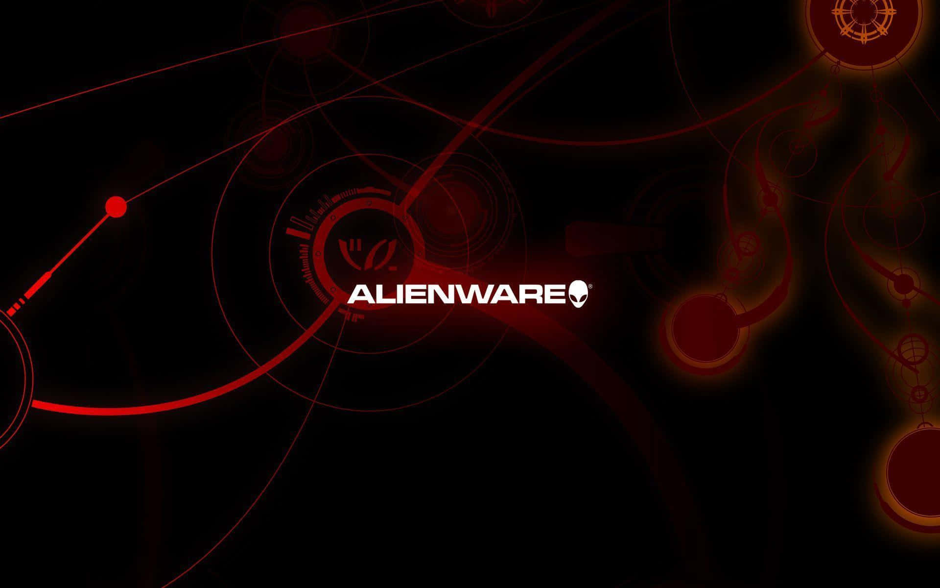 外星人 桌布 壁紙 — Alienware 標誌居中於深色背景上，帶有發光的紅色電路狀線條和圓形節點。