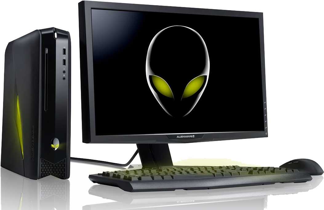 Gaming Computer 桌布 壁紙 — Alienware 遊戲桌上型電腦，螢幕和側面板上帶有發光的外星人標誌，背景為黑色。