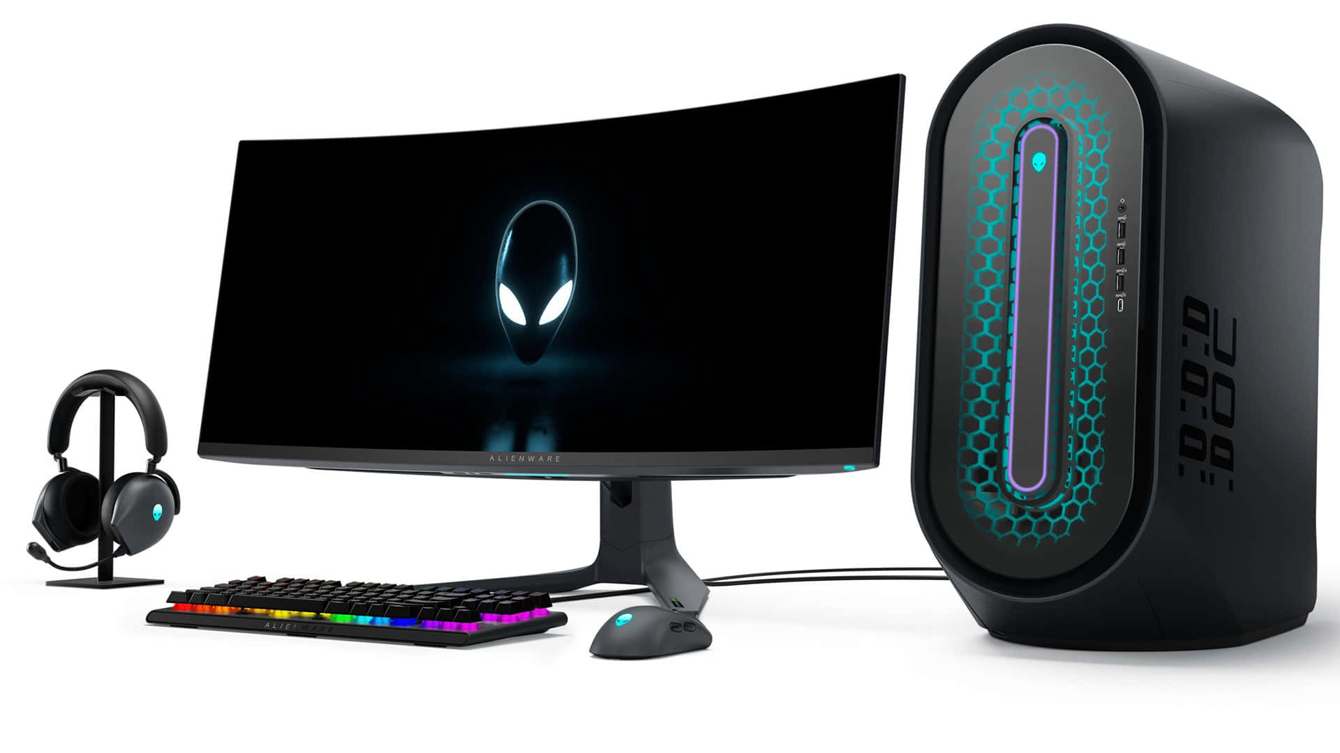 外星人 桌布 壁紙 — Alienware 遊戲設置，配備曲面顯示器、發光外星人標誌、RGB 鍵盤、滑鼠和帶有藍色 LED 燈的塔式機箱。