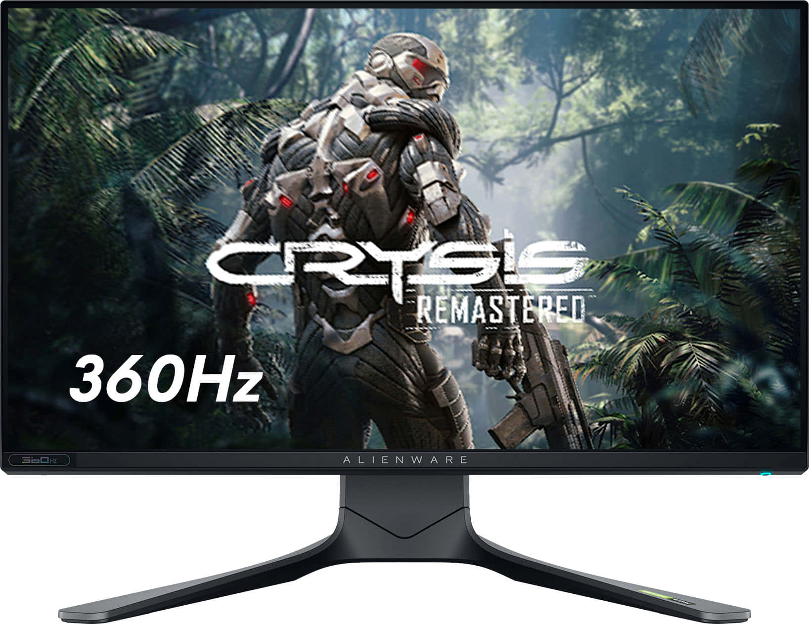 外星人 桌布 壁紙 — Alienware 遊戲顯示器顯示 Crysis Remastered，士兵在叢林環境中，並有 360Hz 文字。