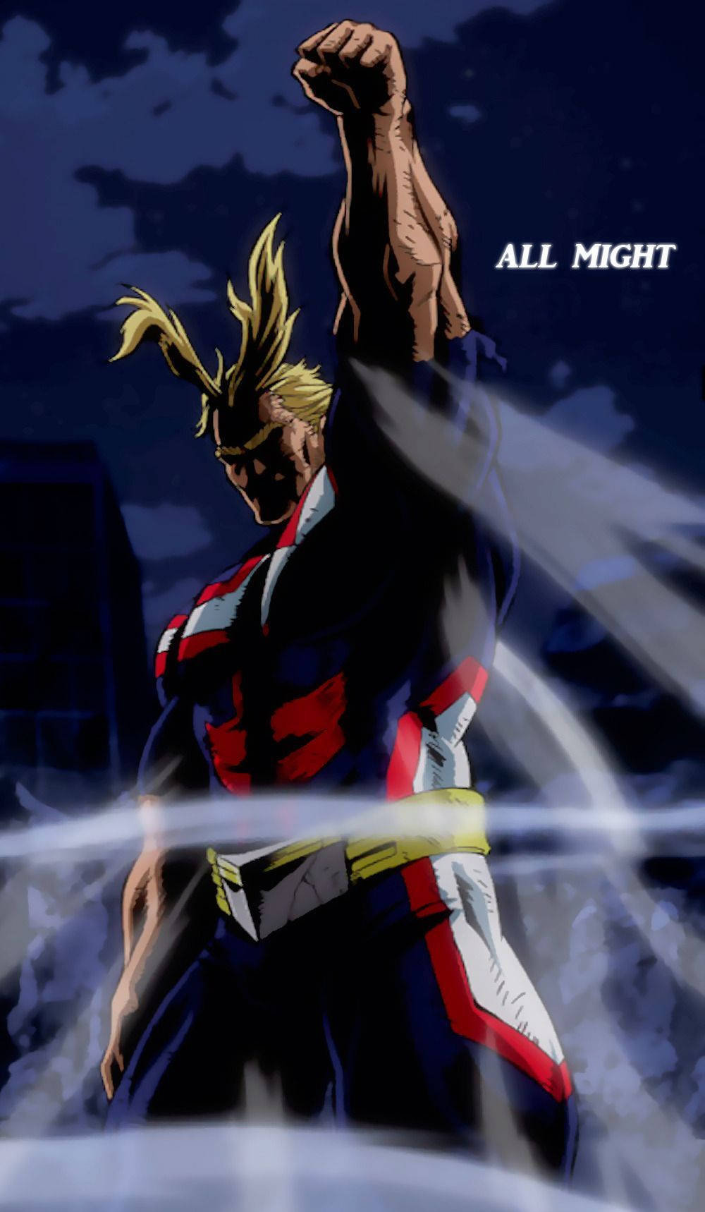 Might 桌布 壁紙 — All Might 英雄般地站立，拳頭高舉，面對暴風雨的夜空，散發出力量和決心。