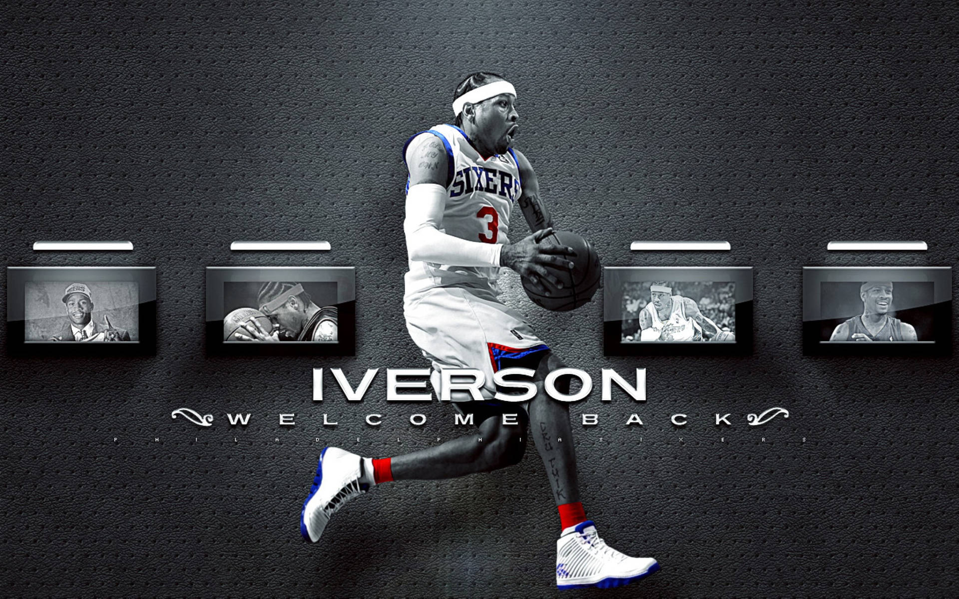 艾倫·艾佛森身穿七六人球衣，背後有裱框照片的動作畫面。 — NBA 壁紙