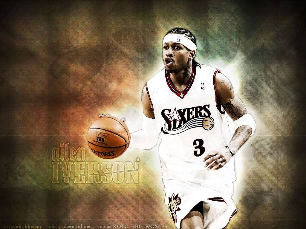 NBA 桌布 壁紙 — Allen Iverson 身穿白色七六人球衣，在火焰金色背景和發光效果下運球。
