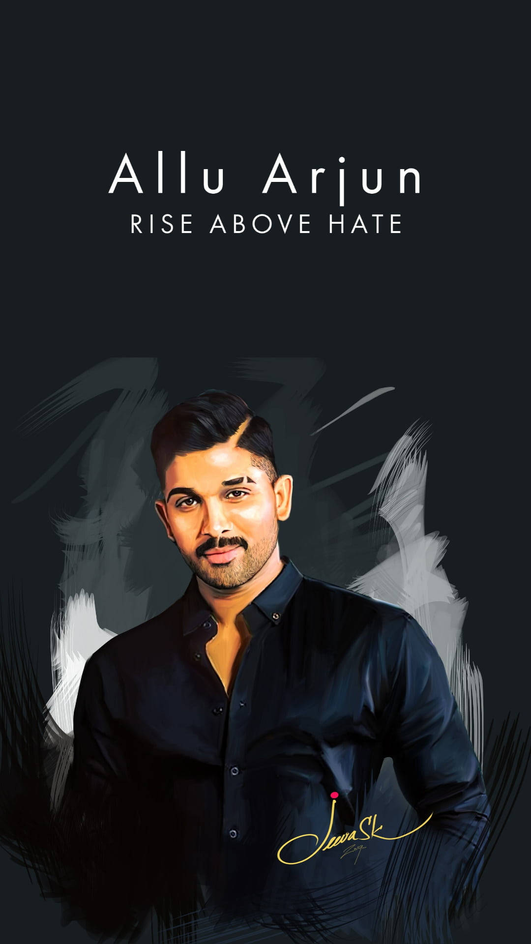 阿盧·阿瓊 桌布 壁紙 — Allu Arjun 身穿深色襯衫，在黑色背景上帶有白色筆觸和勵志文字的數位肖像。