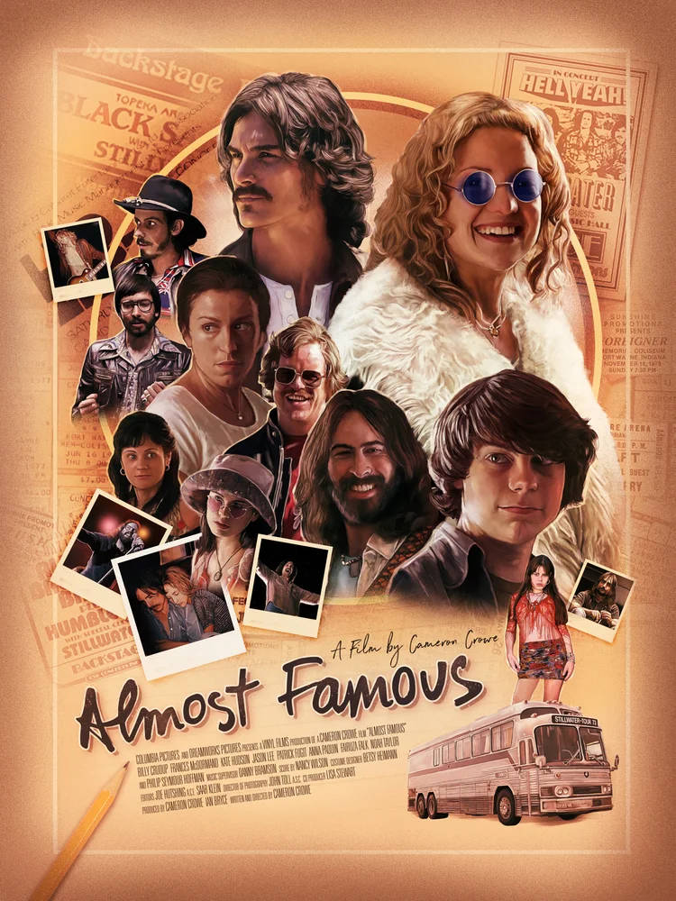 Digital 桌布 壁紙 — 《Almost Famous》的復古電影海報，以溫暖的懷舊色調呈現樂團成員和演員圍繞旅遊巴士的拼貼設計。