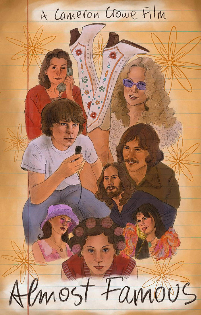 電影動圖 桌布 壁紙 — 《Almost Famous》的插圖電影海報，以1970年代風格的角色在帶有花卉塗鴉的橫線筆記本紙上呈現。