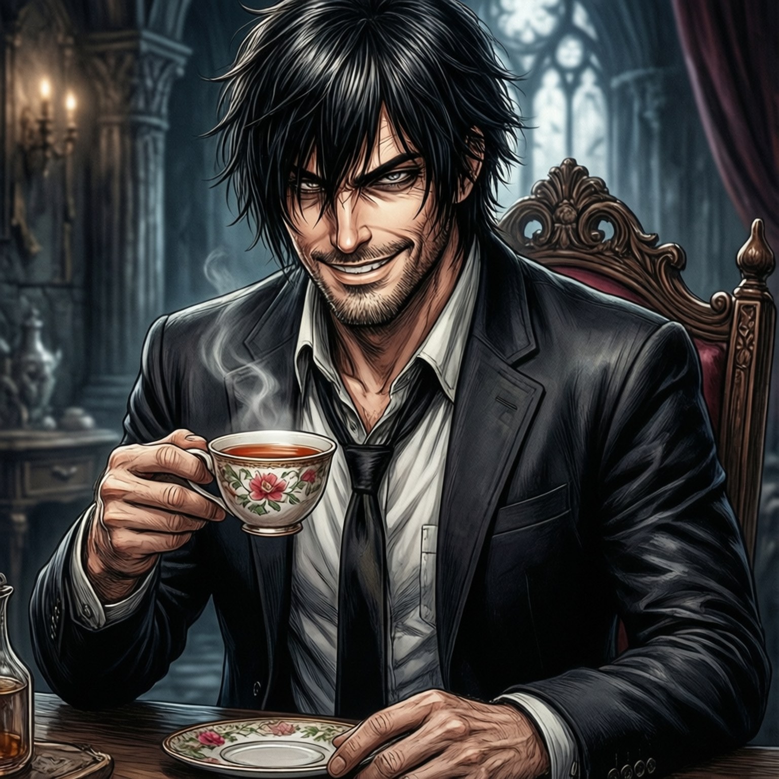 Alucard 喝茶 壁紙 — 一位深色頭髮、身穿西裝的男子在哥德式大宅中，於燭光和彩繪玻璃下微笑品茶。