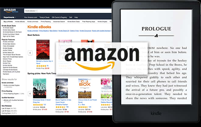 Product 桌布 壁紙 — Amazon Kindle 電子書閱讀器在顯示Kindle電子書銷售的Amazon網站旁展示書籍序言。