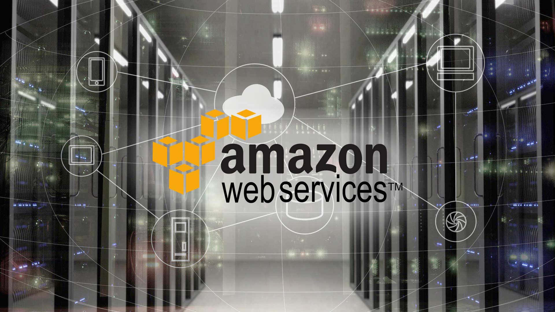 亞馬遜 桌布 壁紙 — Amazon Web Services 標誌居中放置在未來主義的伺服器機房上方，帶有發光的技術圖標和數據連接。