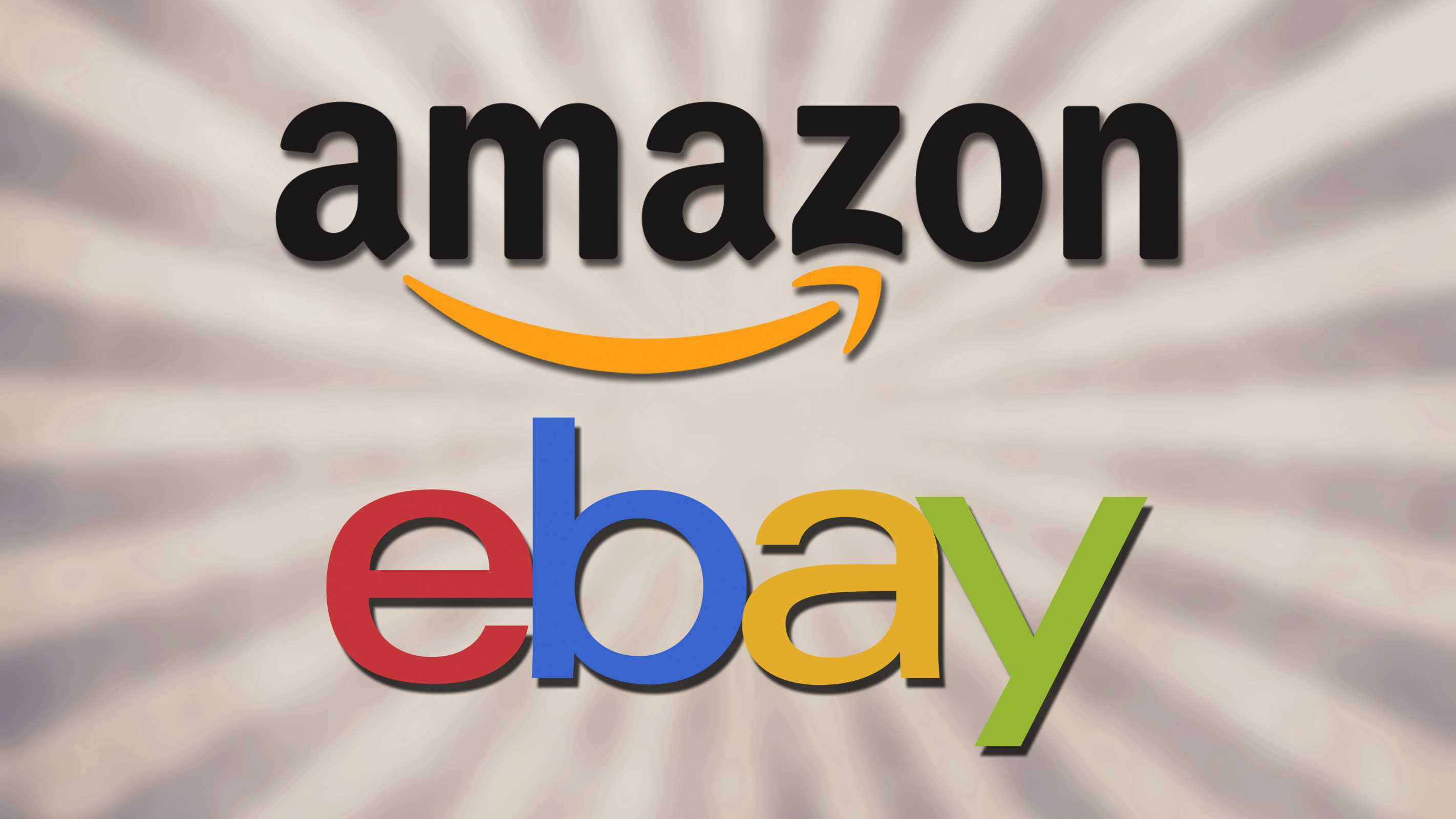 eBay 桌布 壁紙 — Amazon 和 eBay 標誌突出顯示在燦爛的太陽光線背景上。