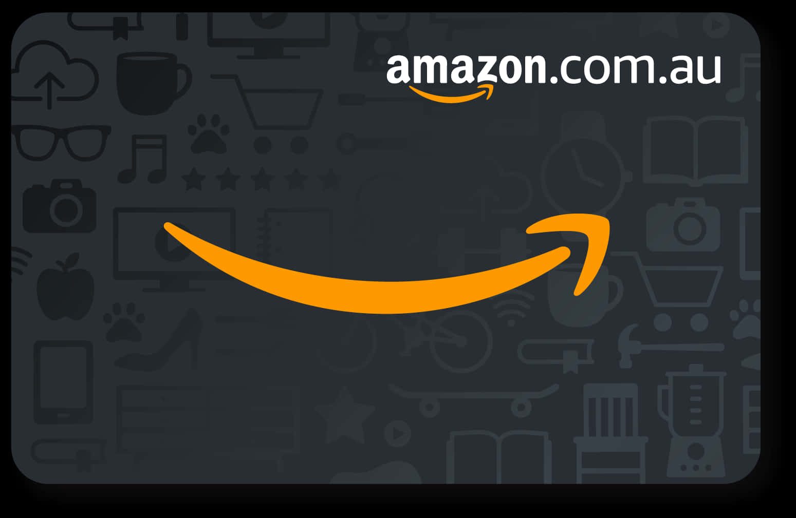 Amazon Gift Card 桌布 壁紙 — Amazon 澳洲禮品卡，橙色微笑標誌，深灰色背景上佈滿模糊的產品圖標。