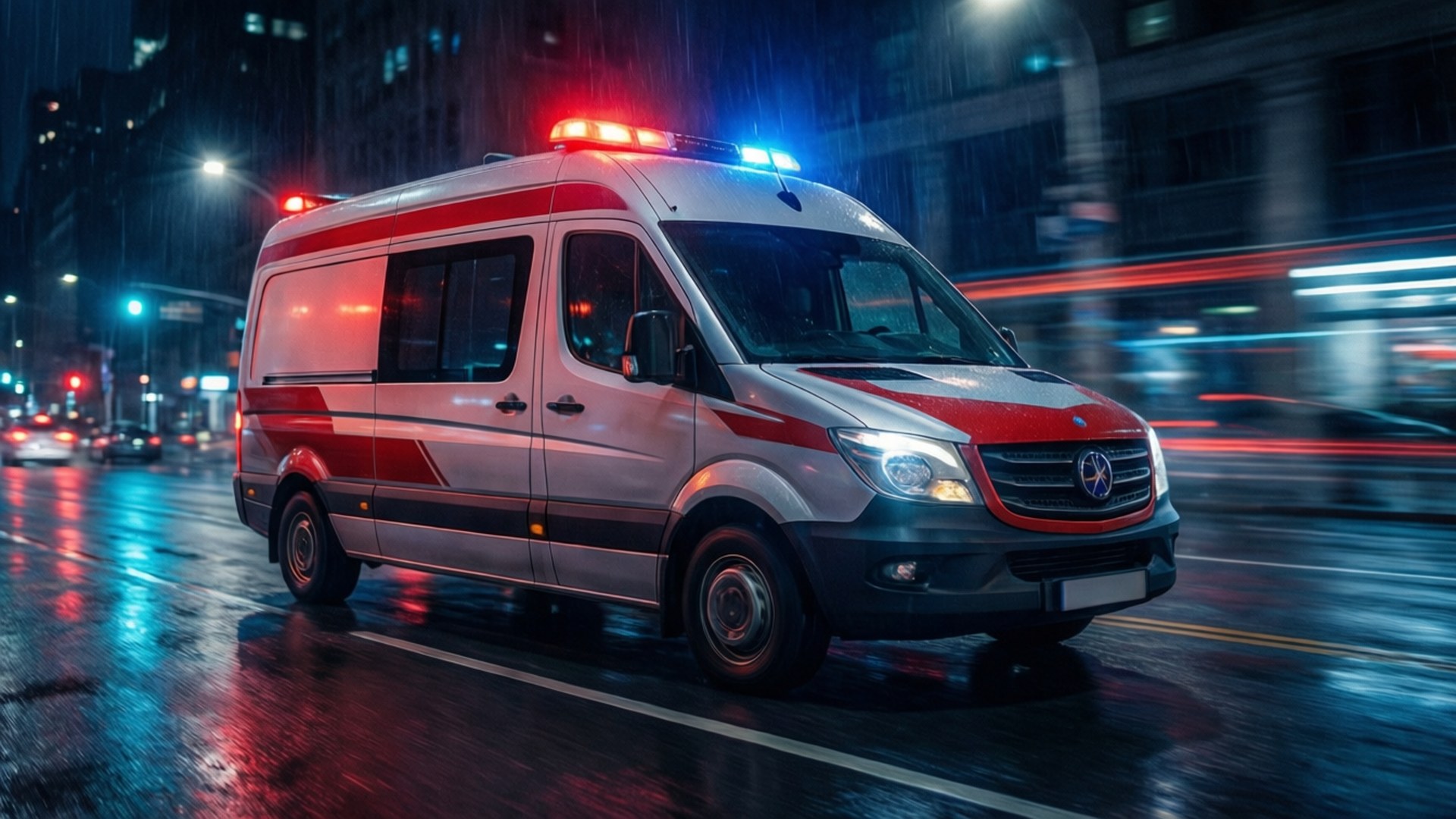Ambulance 桌布 壁紙 — 一輛閃爍著紅藍燈光的救護車在雨夜的街道上疾馳，車頭燈劃破傾盆大雨。