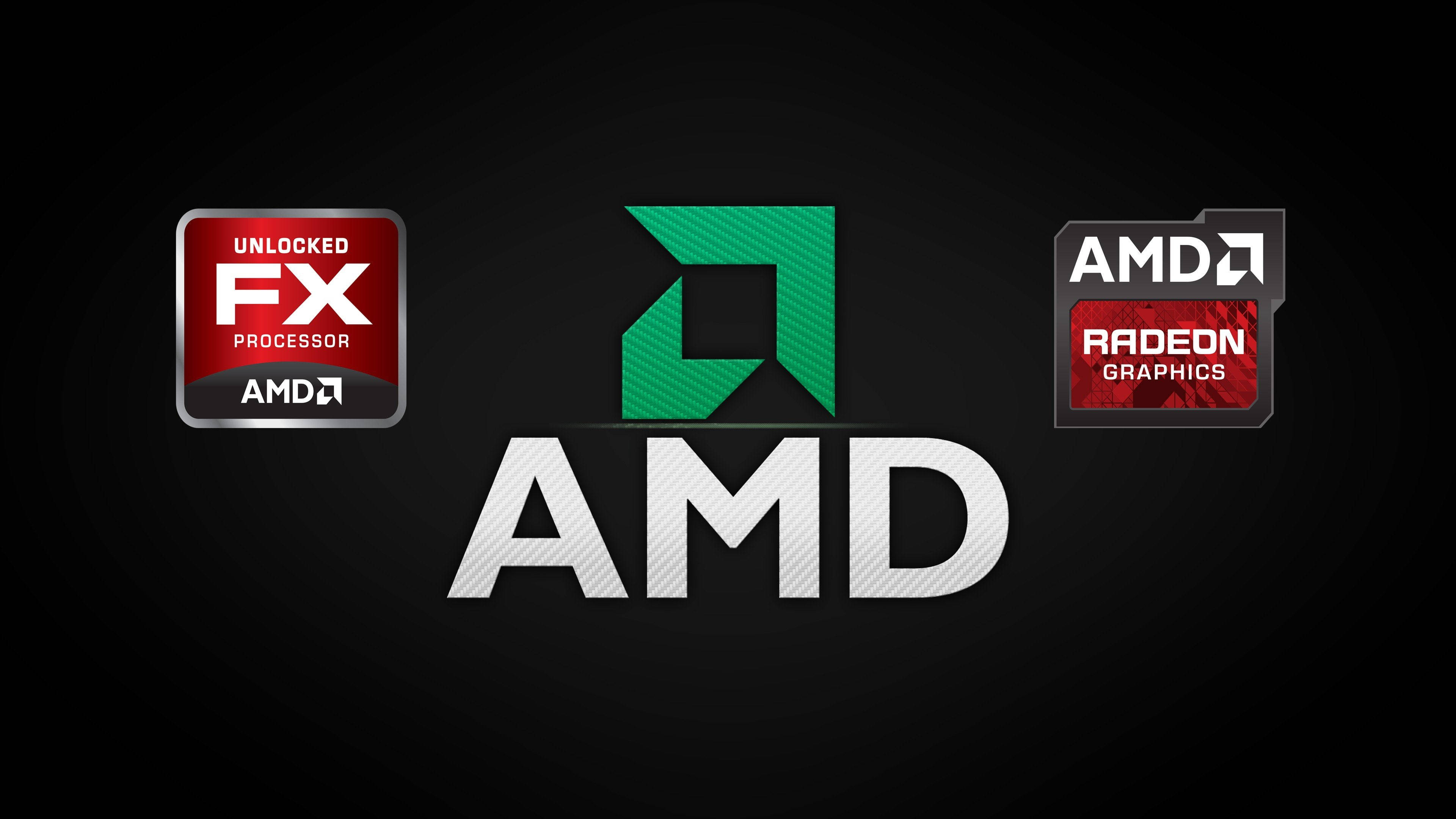 AMD 品牌標誌，帶有 FX 處理器和 Radeon 圖形產品徽章。 — 4K 壁紙