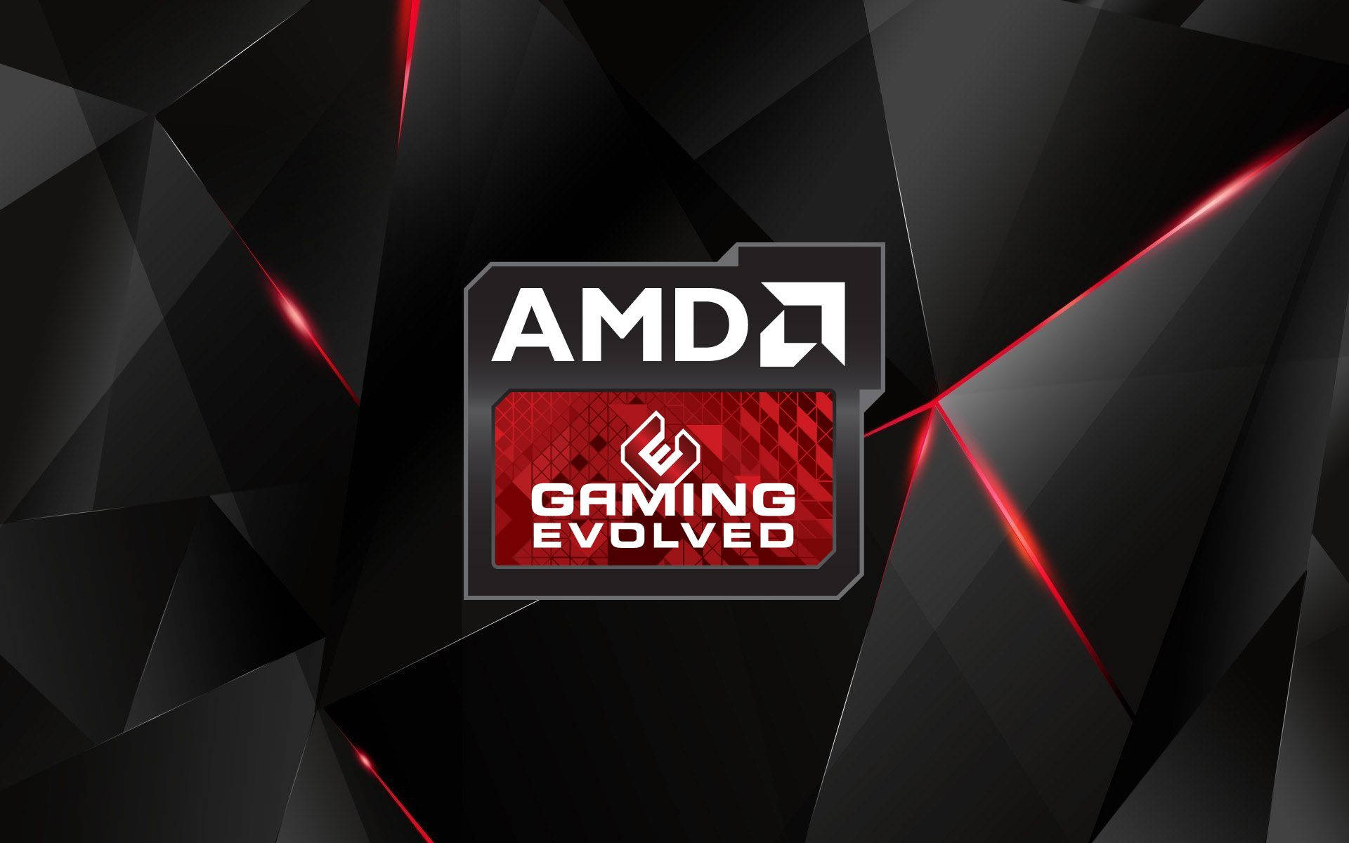 AMD Gaming Evolved 標誌在黑色幾何背景上，帶有紅色亮點。 — Amd 壁紙