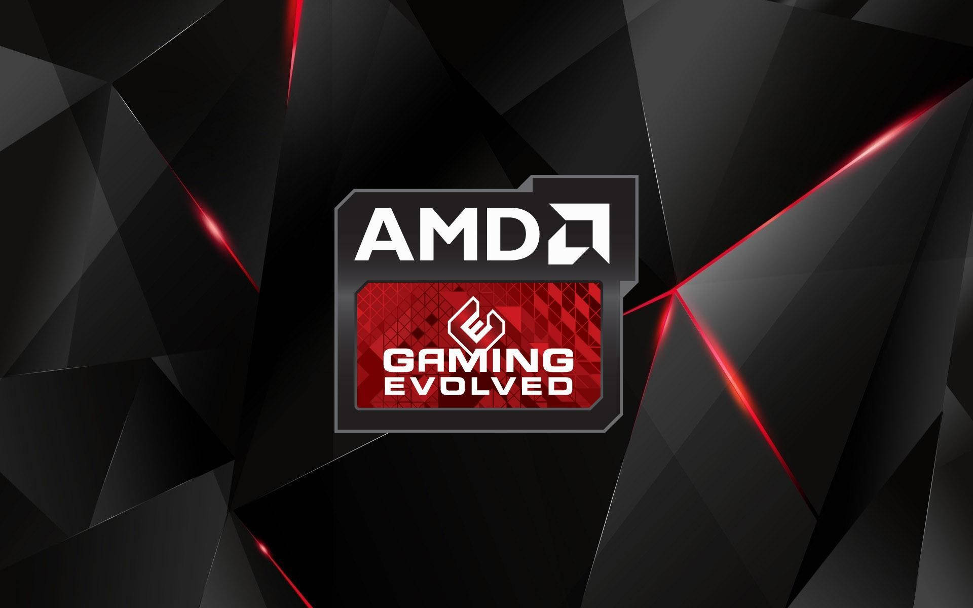 標誌 桌布 壁紙 — AMD Gaming Evolved 標誌居中於黑色幾何背景上，帶有發光的紅色線條。