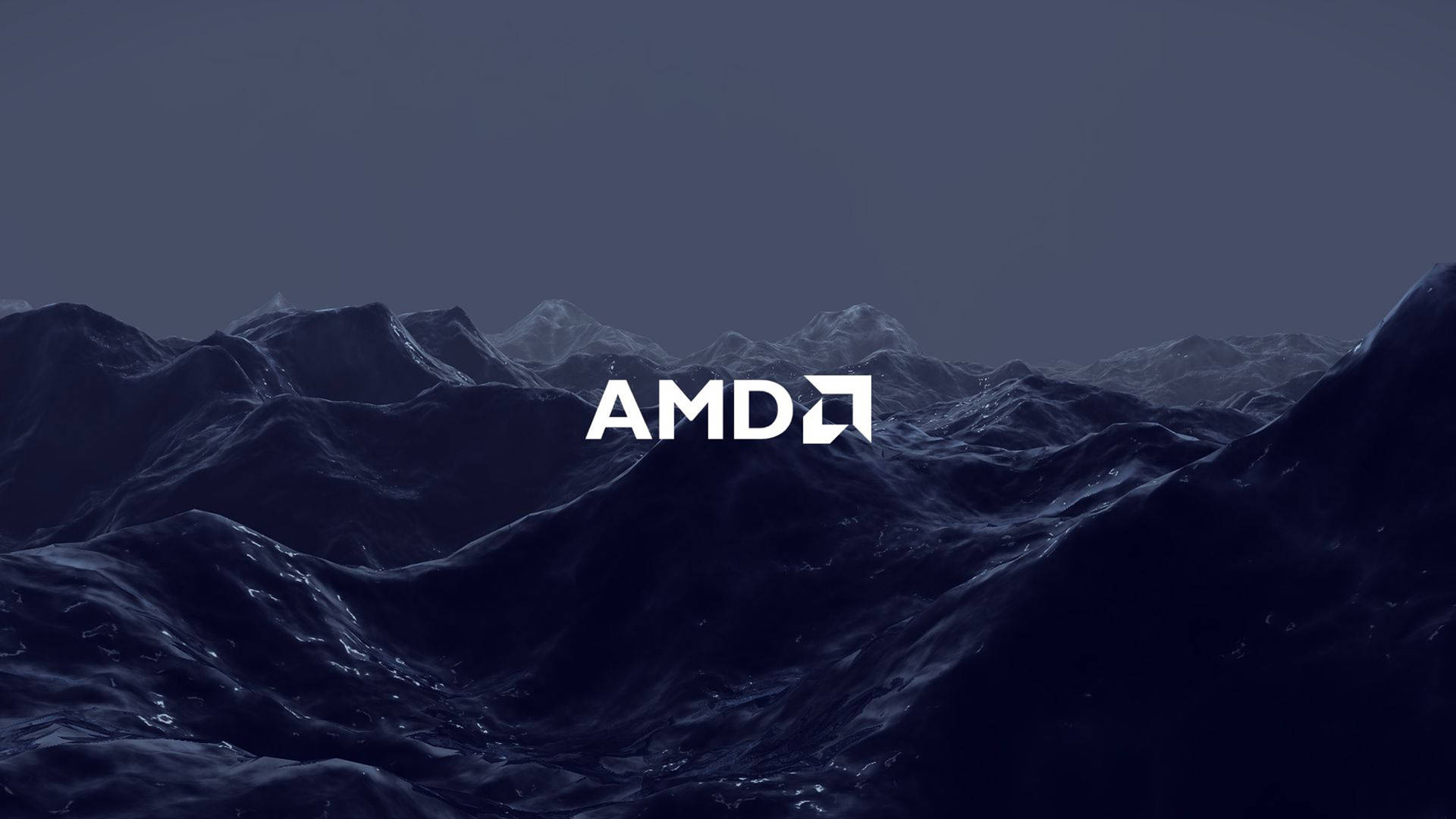 AMD 標誌顯示在夜晚的黑暗山景之上。 — Amd 壁紙