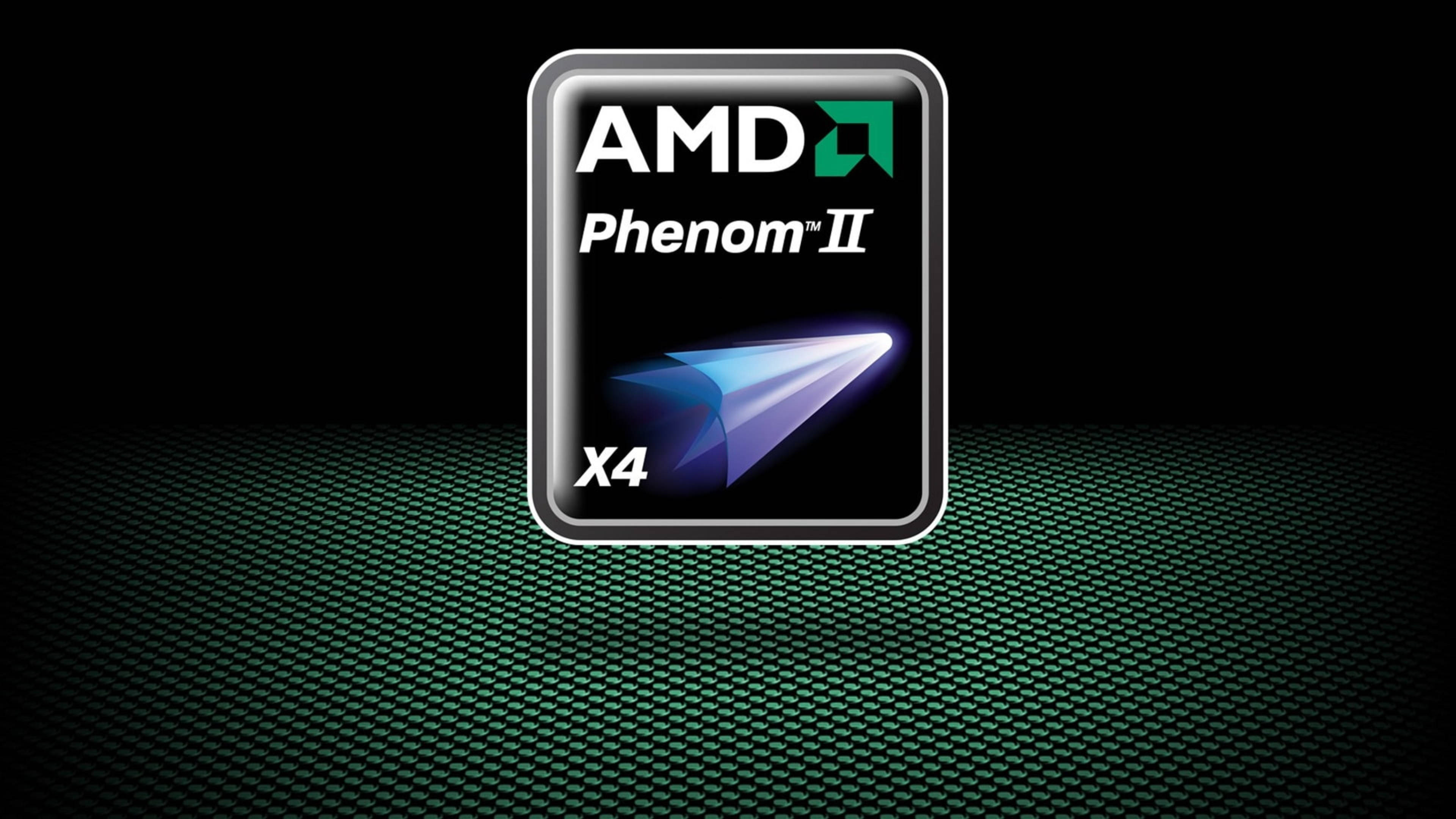 AMD Phenom II X4 處理器標誌，在綠色紋理背景上發出藍光。 — Amd 壁紙