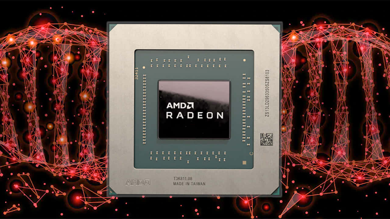AMD 桌布 壁紙 — AMD Radeon 圖形晶片置於黑色背景上發光的紅色DNA螺旋中央。