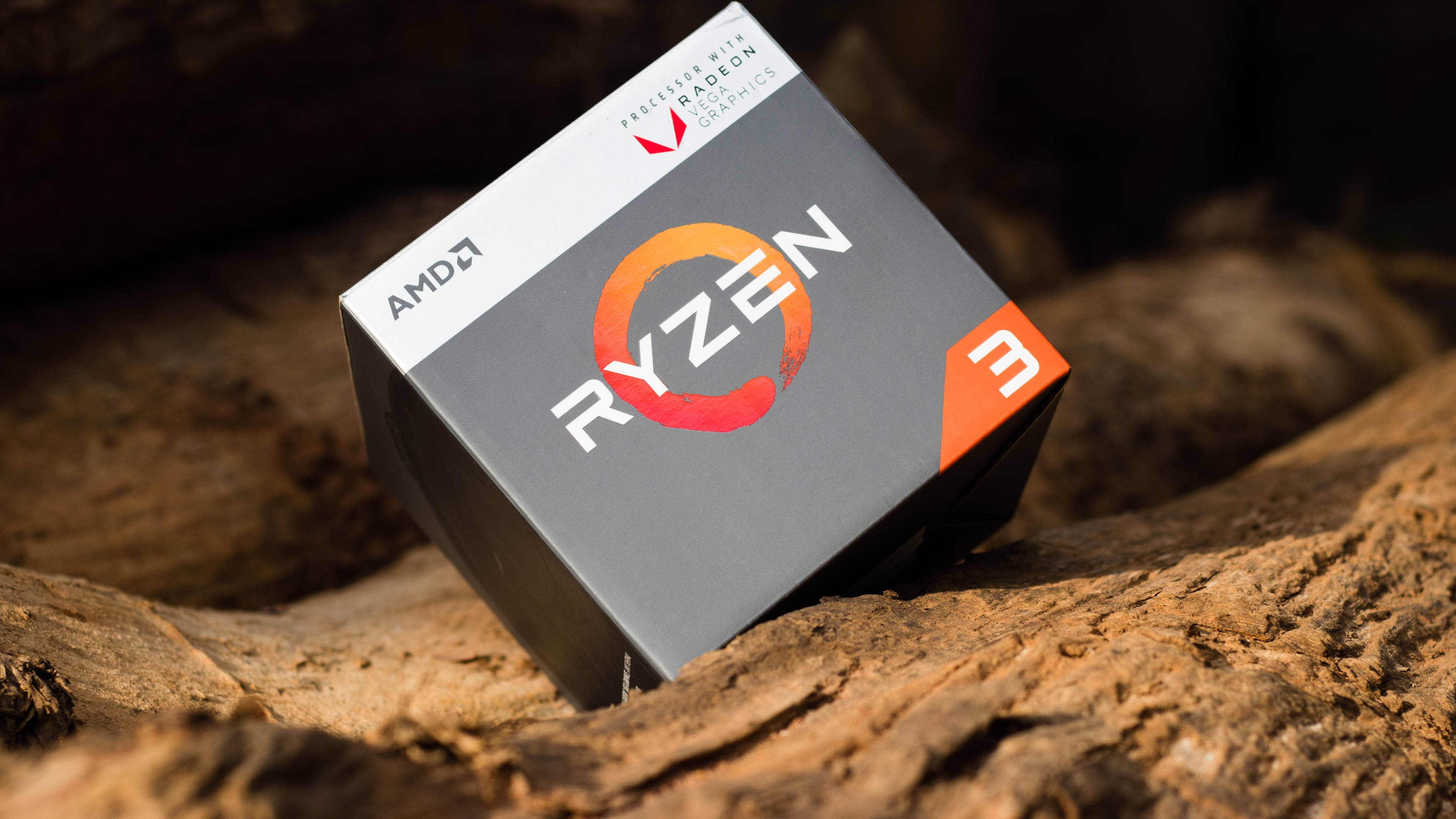 rocky 桌布 壁紙 — AMD Ryzen 3 處理器盒放在粗糙紋理的樹皮上，帶有溫暖的自然光線。