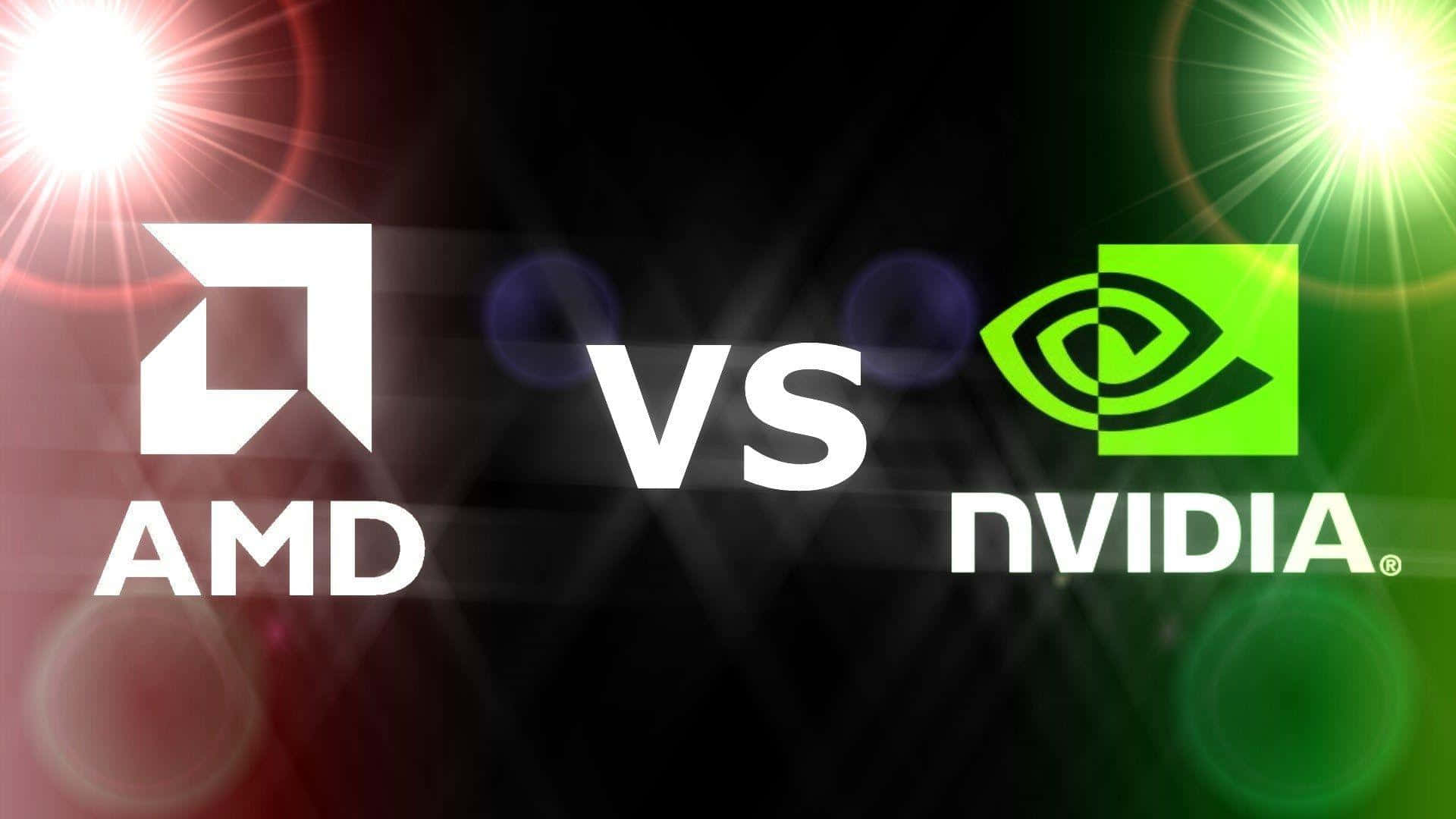 AMD 桌布 壁紙 — AMD 和 NVIDIA 標誌在深色背景上以鮮豔的紅色和綠色鏡頭光暈對峙。