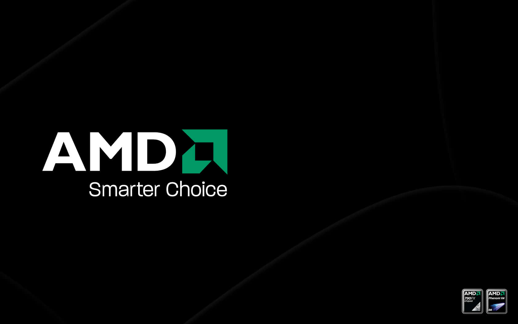 AMD 桌布 壁紙 — AMD 標誌，黑色背景上帶有綠色正方形和白色文字，並有微妙的曲線。