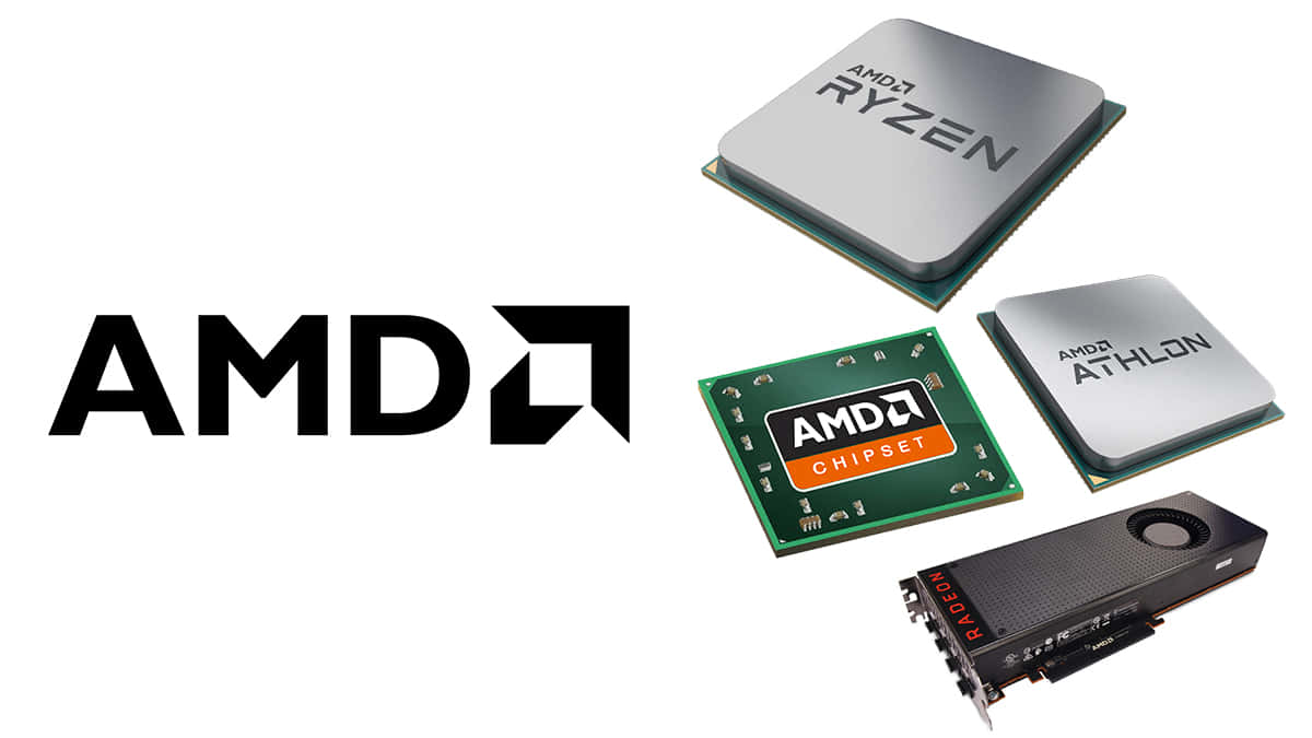 AMD 桌布 壁紙 — AMD 標誌以及 Ryzen Athlon 晶片組和 Radeon 顯示卡元件系列，背景為白色。