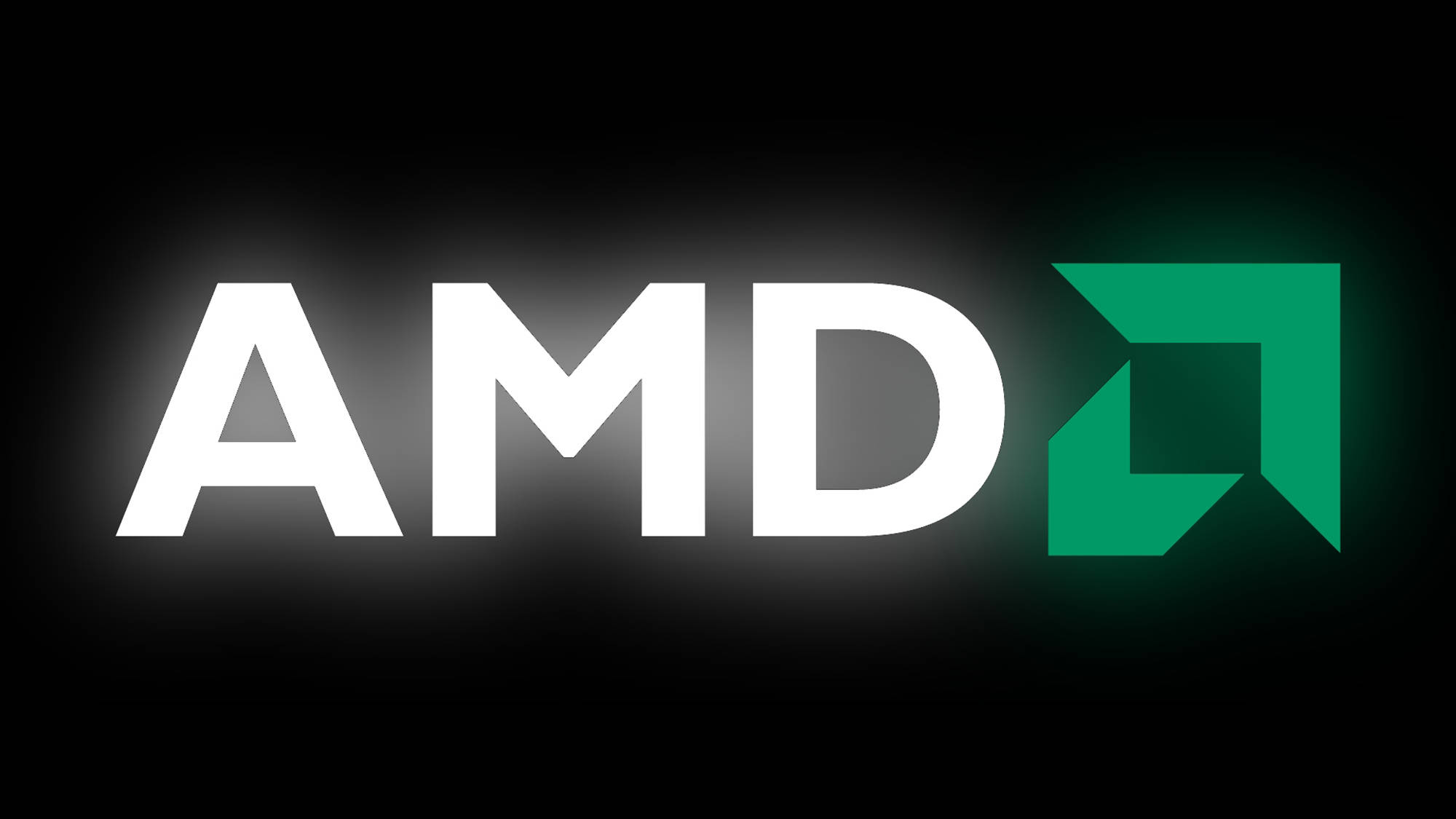 AMD 桌布 壁紙 — AMD 標誌以白色文字和綠色方形徽章在深色背景上發光，帶有柔和的光暈。