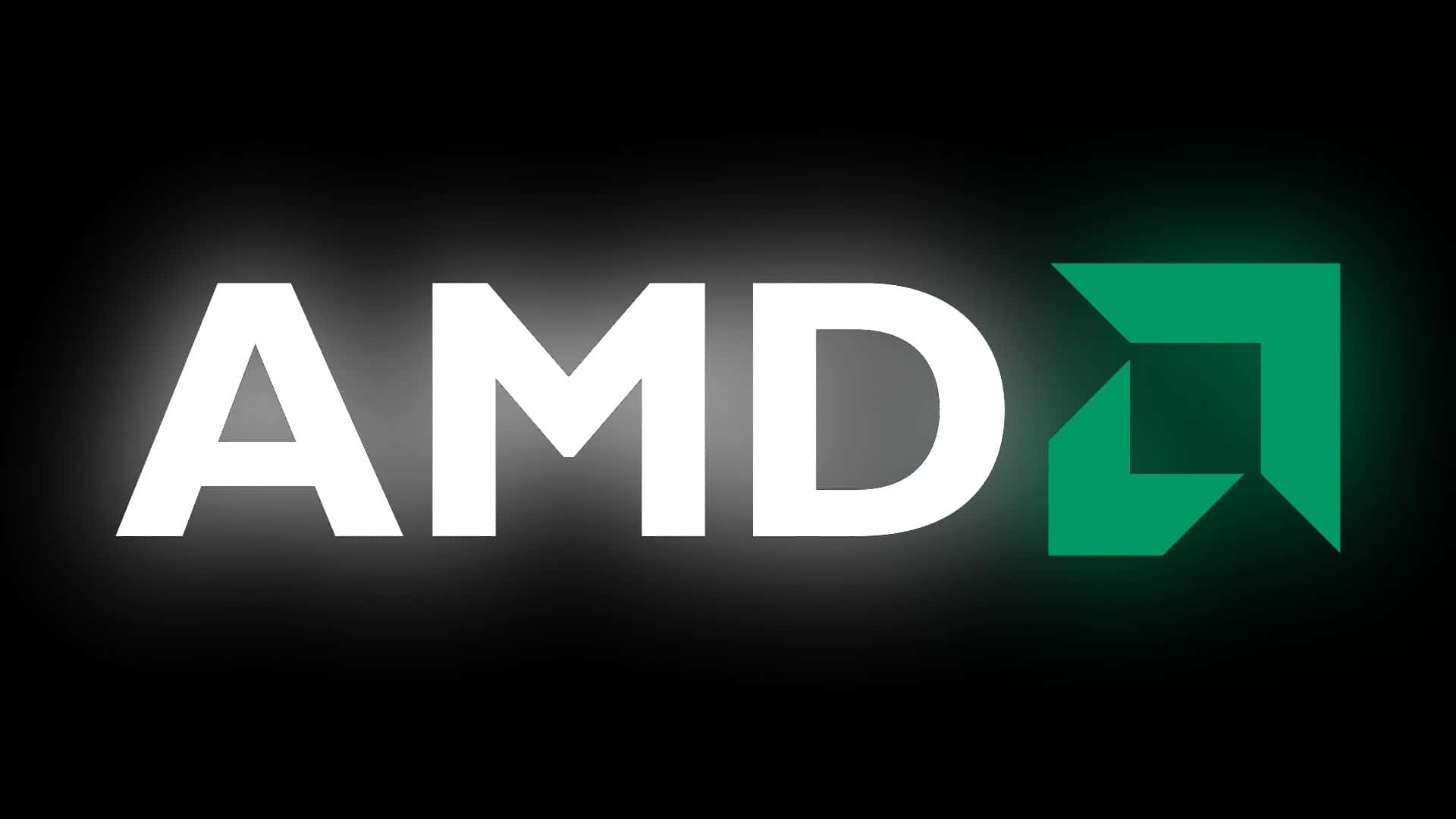 AMD 桌布 壁紙 — AMD 標誌在深色漸變背景上發出白色和綠色的光芒。