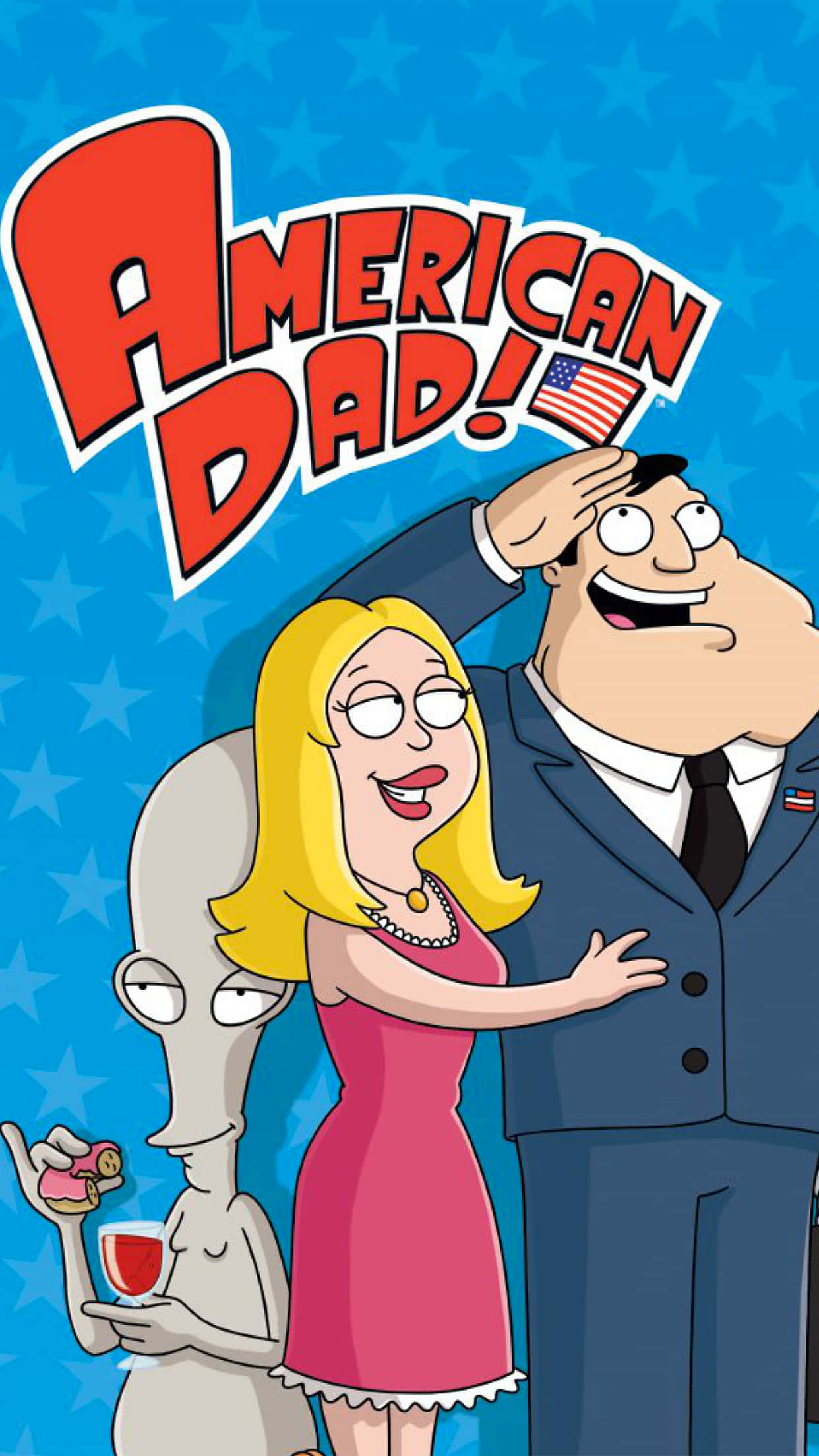 daddy 桌布 壁紙 — American Dad! 標題卡，顯示史丹·史密斯與法蘭辛敬禮，一個灰色外星人拿著飲料，背景是藍色星空。