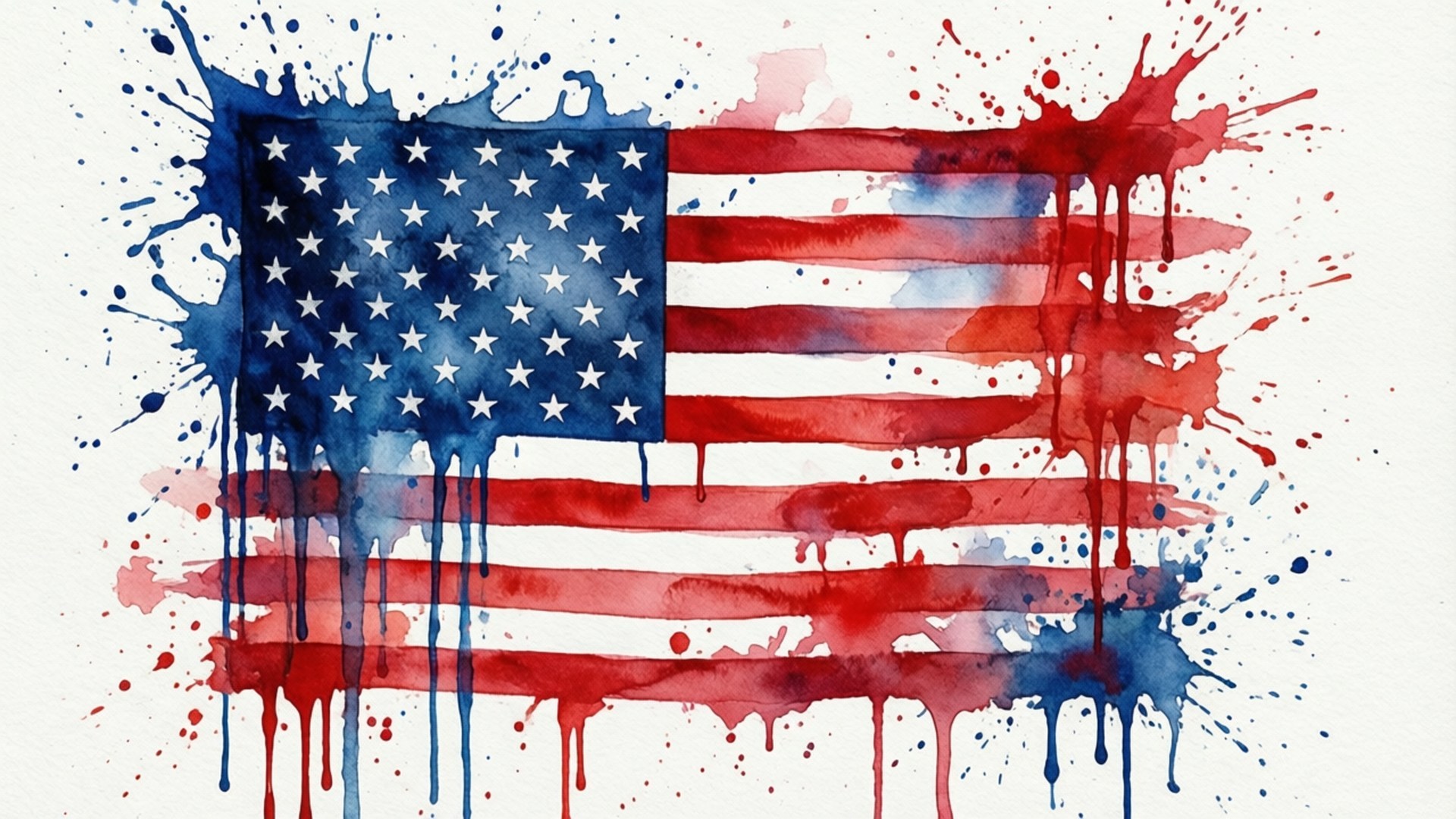 Watercolor Flag 壁紙 — 美國國旗以鮮豔的水彩渲染，帶有滴落的紅色、藍色和白色油漆飛濺在白色背景上。