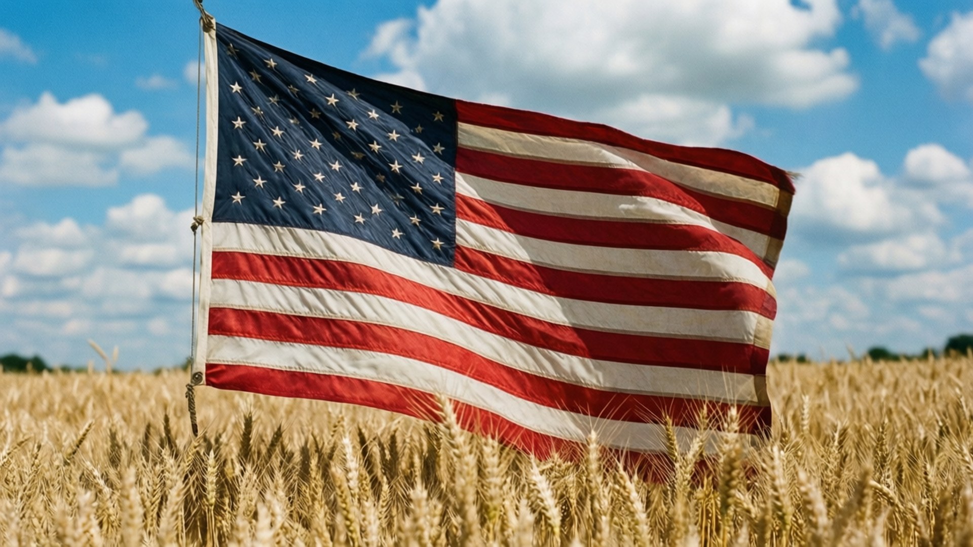 Flag Over Wheat Field 壁紙 — 美國國旗在金色麥田上驕傲地飄揚，背景是明亮的藍天和蓬鬆的白雲。