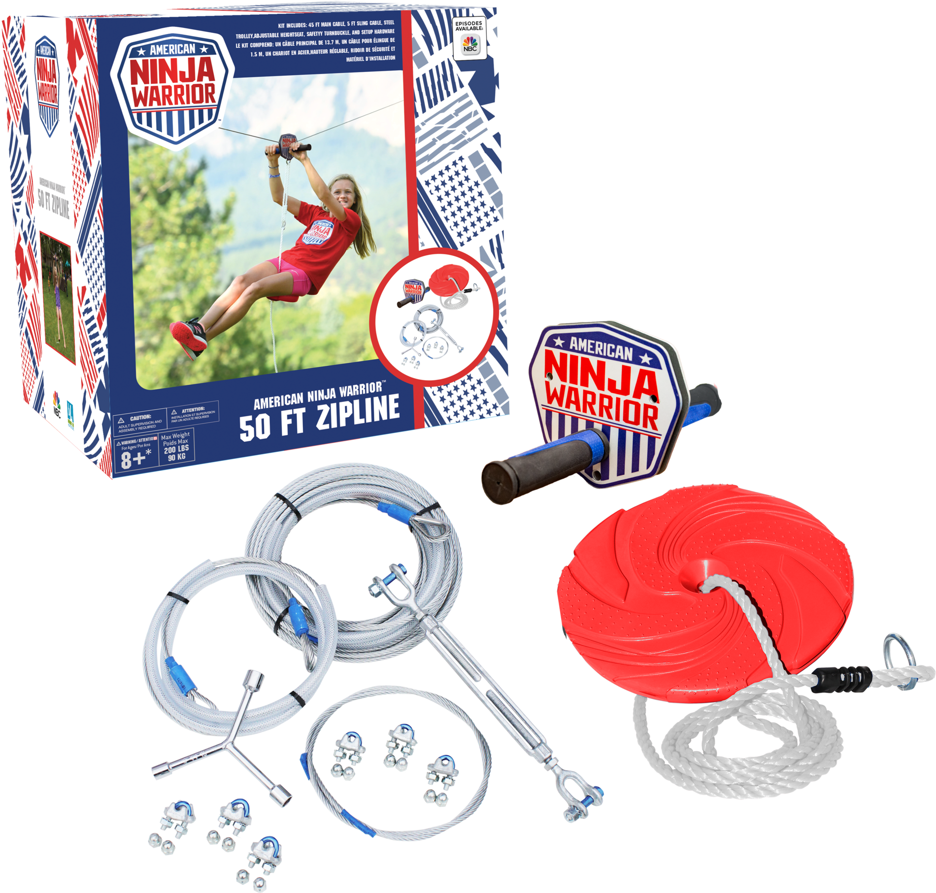 忍者 桌布 壁紙 — American Ninja Warrior 50英尺滑索套件，在黑色背景上展示各組件。