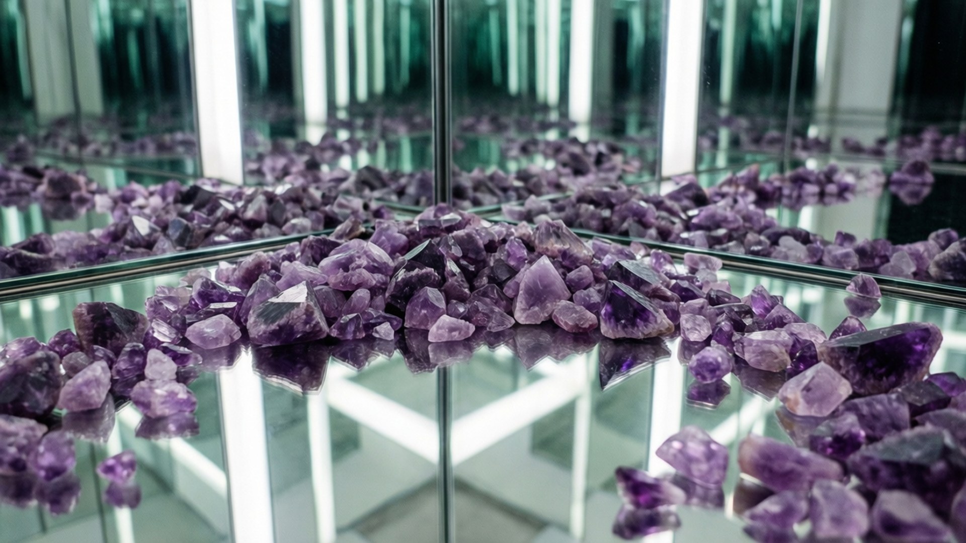 Infinite Amethyst Reflection 壁紙 — 紫水晶晶體放置在鏡面表面上，在現代畫廊環境中創造無限反射。