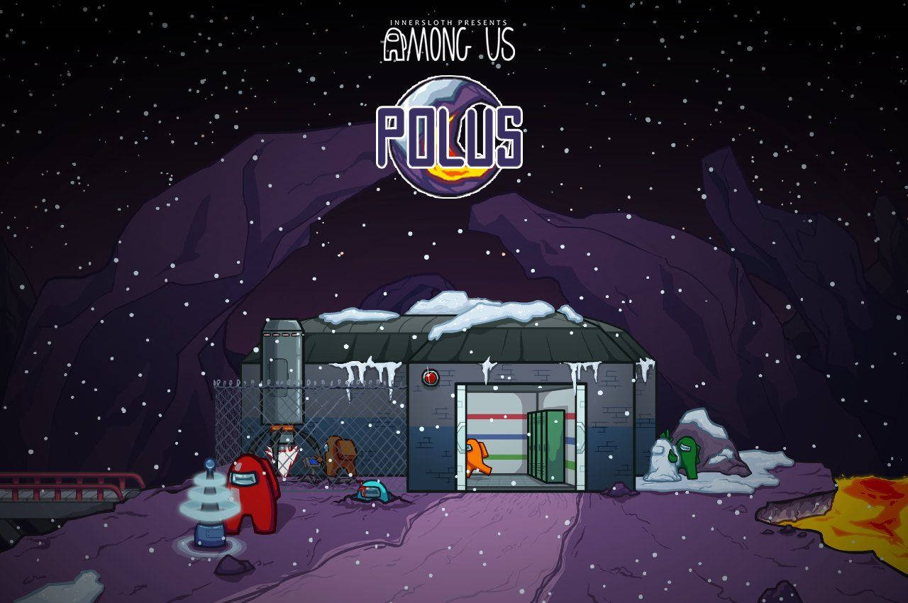 US 桌布 壁紙 — Among Us 中 Polus 上一個被雪覆蓋的外星前哨站，有色彩繽紛的船員和星空下發光的熔岩坑。