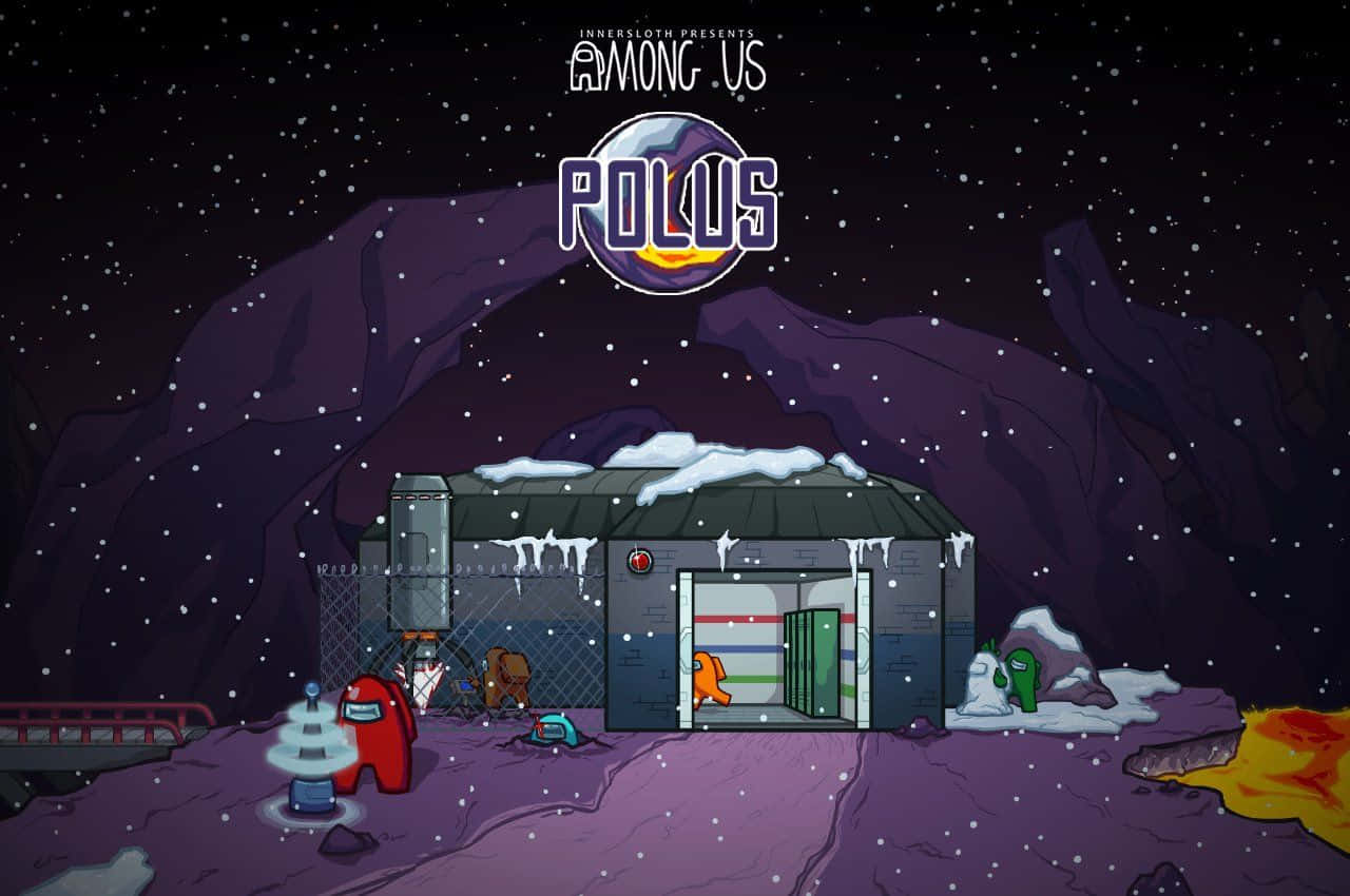 壁紙 — Among Us 中 Polus 上一個被雪覆蓋的外星基地，身穿色彩繽紛服裝的船員，背景是繁星點點的紫色天空。