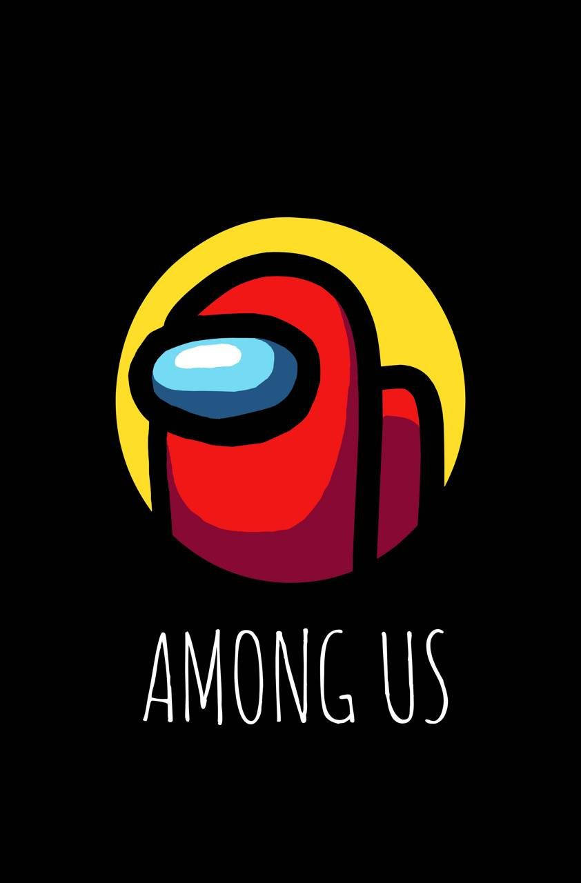 US 桌布 壁紙 — Among Us 的紅色船員站在黑色背景前面，後面有個黃色太陽，下方有遊戲標題。