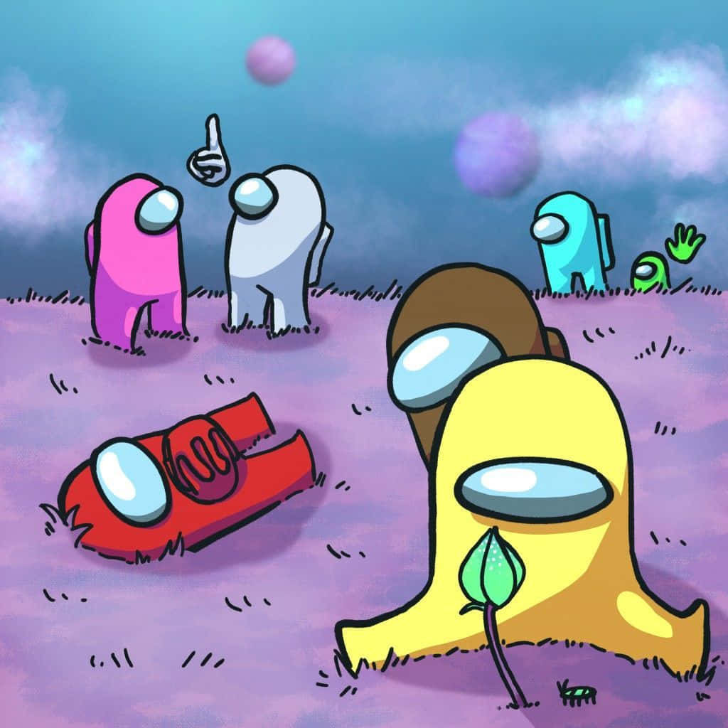Among Us 船員在一個紫色的外星田野中，有漂浮的球體和一棵嫩芽。 — 外星人 GIF 壁紙