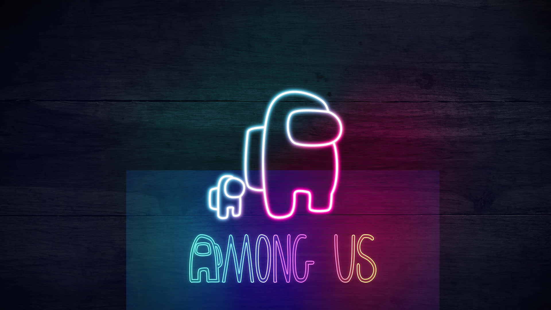Among Us 角色在深色木牆上發光的霓虹燈牌。 — Among US 壁紙