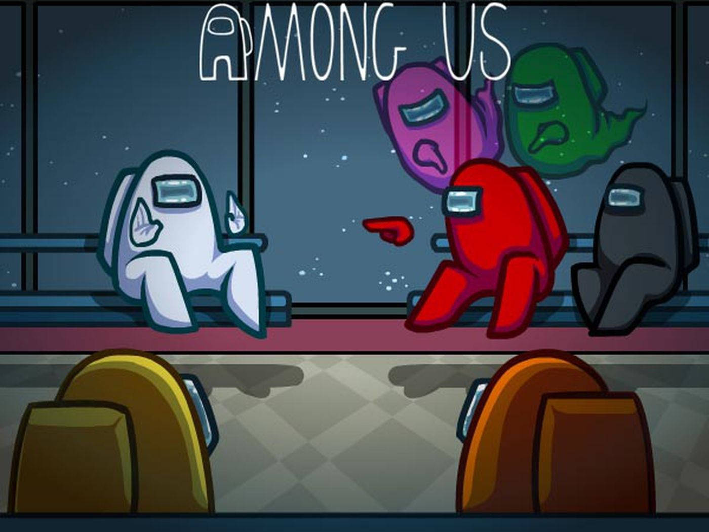 game 桌布 壁紙 — Among Us角色在太空船艙內，一名紅色船員指責地指向一名白色船員。