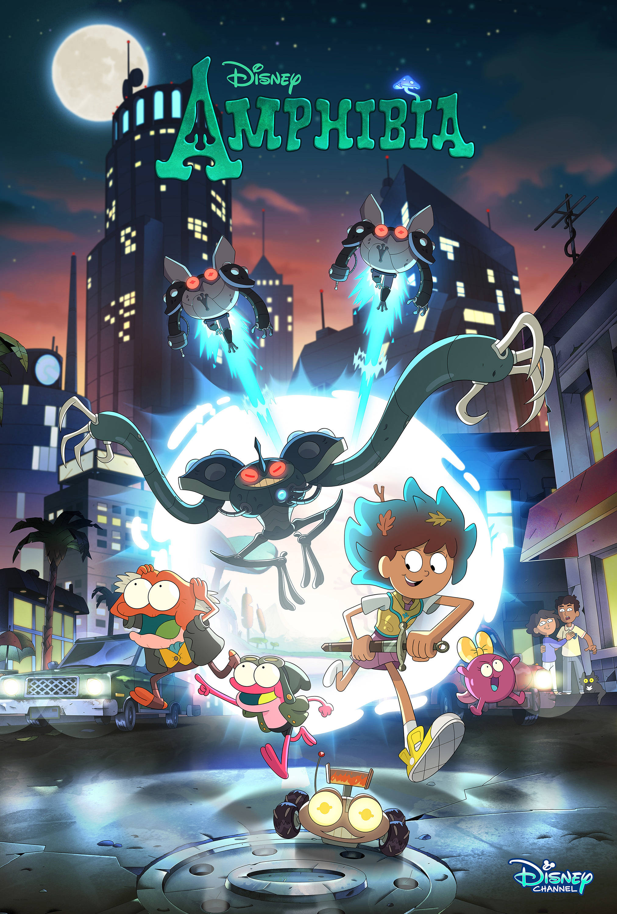 奇幻沼澤 桌布 壁紙 — 《Amphibia》的動畫角色在滿月下、霓虹燈點亮的城市中，躍入行動對抗發光的外星生物。