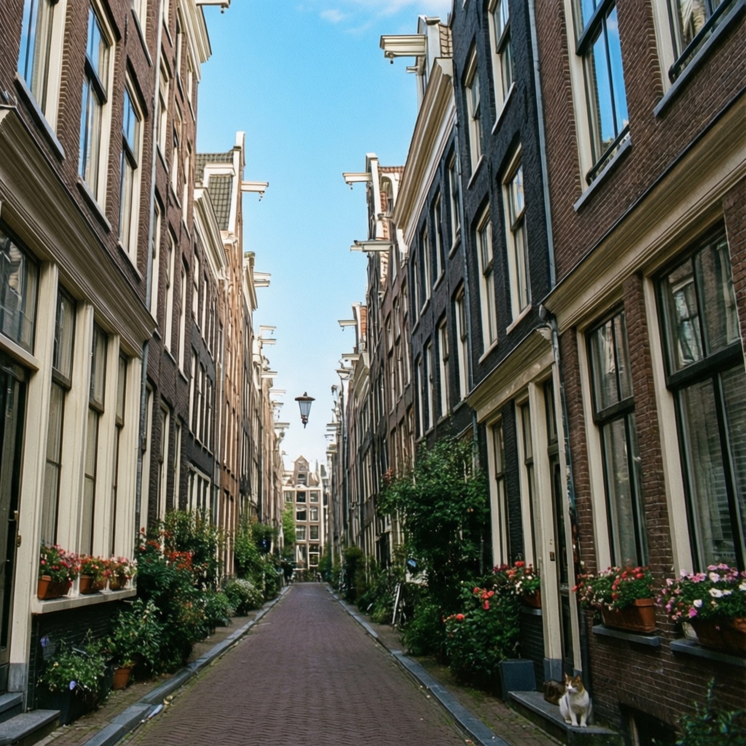 Amsterdam 桌布 壁紙 — 阿姆斯特丹一條狹窄的鵝卵石運河街道，兩旁是歷史悠久的磚造建築和色彩繽紛的花箱，上方是清澈的藍天。