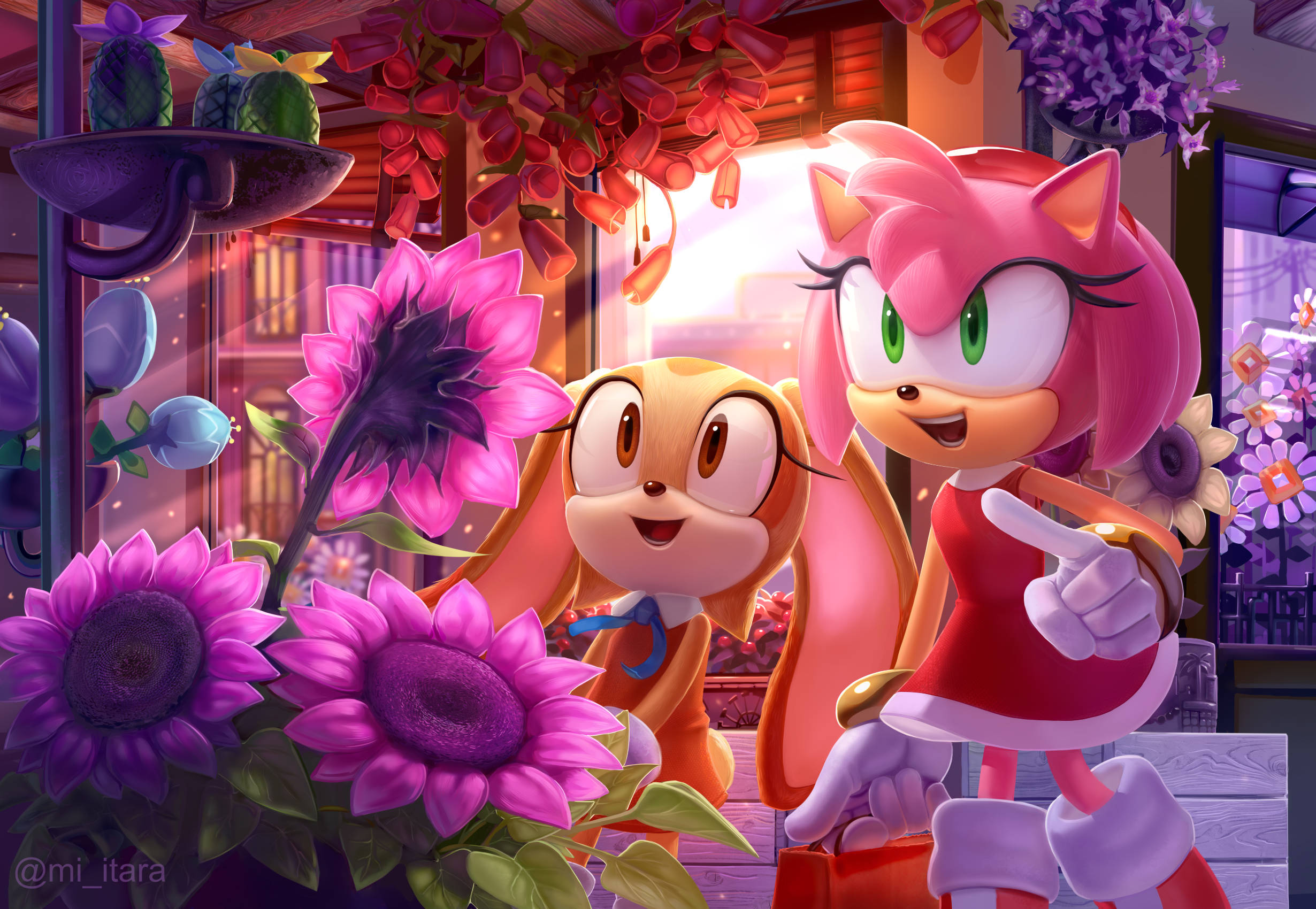 艾咪·羅斯 桌布 壁紙 — Amy Rose 和 Cream the Rabbit 在色彩繽紛的花園中，於充滿活力的紫色向日葵間愉快地微笑。