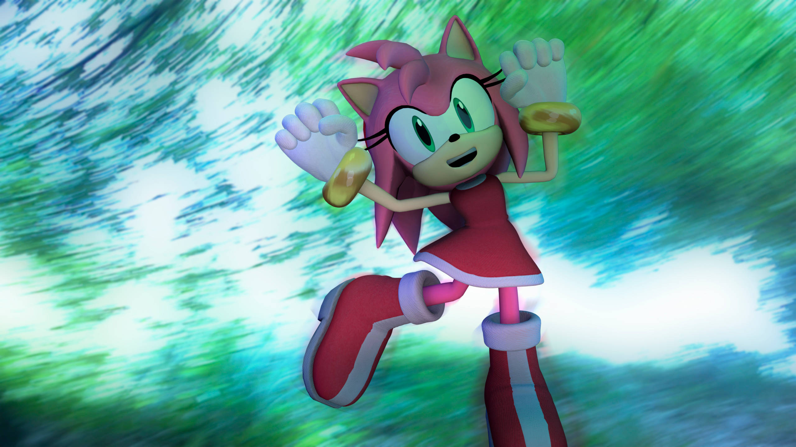 Amy Rose 桌布 壁紙 — Amy Rose 帶著歡樂的能量向前衝刺，背景是綠色和藍色的條紋動態模糊效果。
