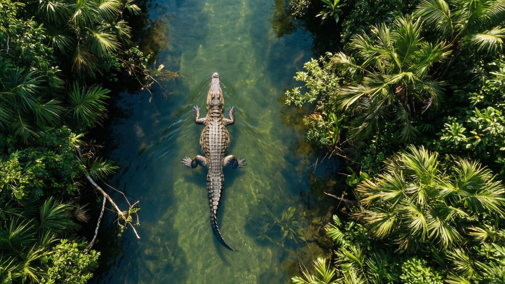 Aerial Alligator River 壁紙 — 一條短吻鱷在清澈的綠色水中平靜地漂浮，周圍從上方被茂密的熱帶樹葉環繞。