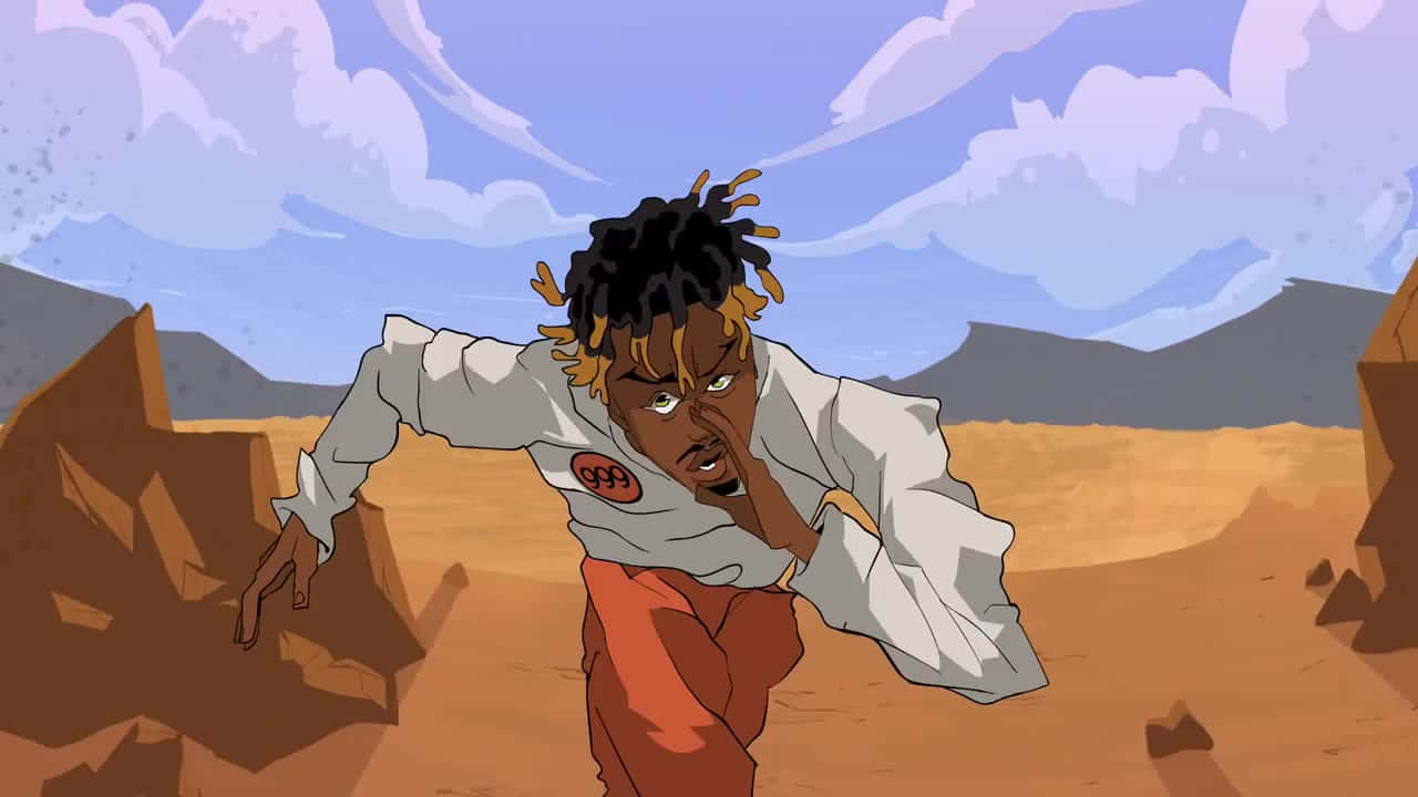動畫角色在岩石地形和陰天的沙漠中奔跑。 — Juice Wrld 壁紙