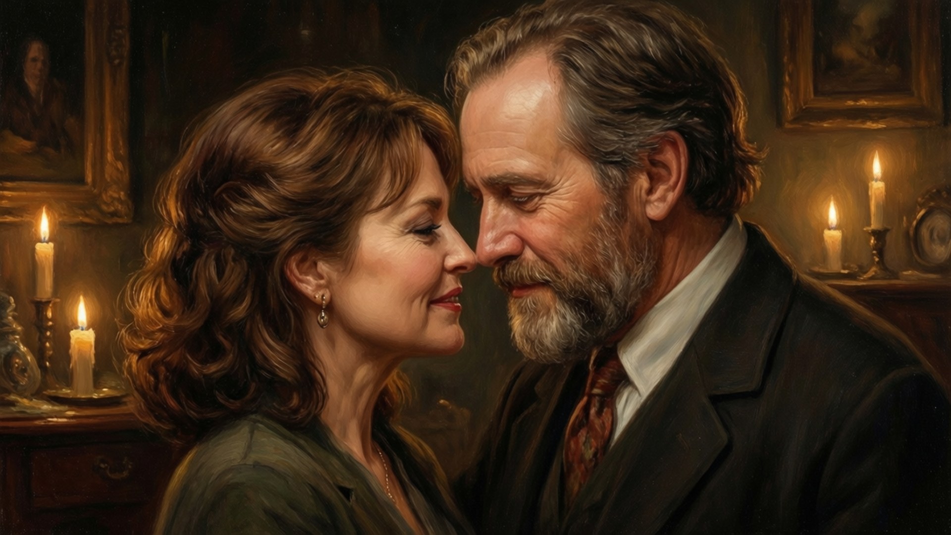 OA and Homer Romance 壁紙 — 一對年長夫婦在溫暖燭光房間中分享親密時刻，房間內有復古畫像和木製家具。