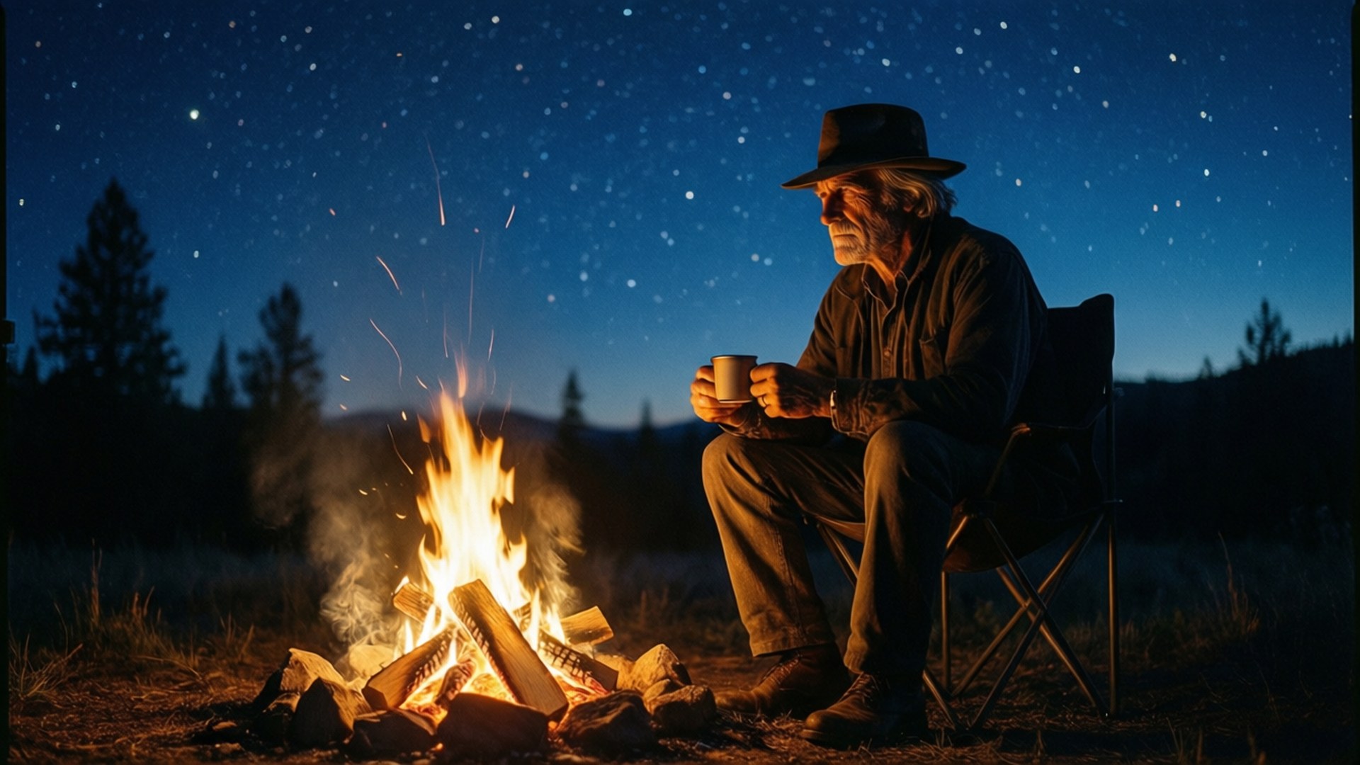 Campfire Under Stars 壁紙 — 一位戴帽子的長者坐在噼啪作響的營火旁，在繁星點點的夜空下拿著杯子。