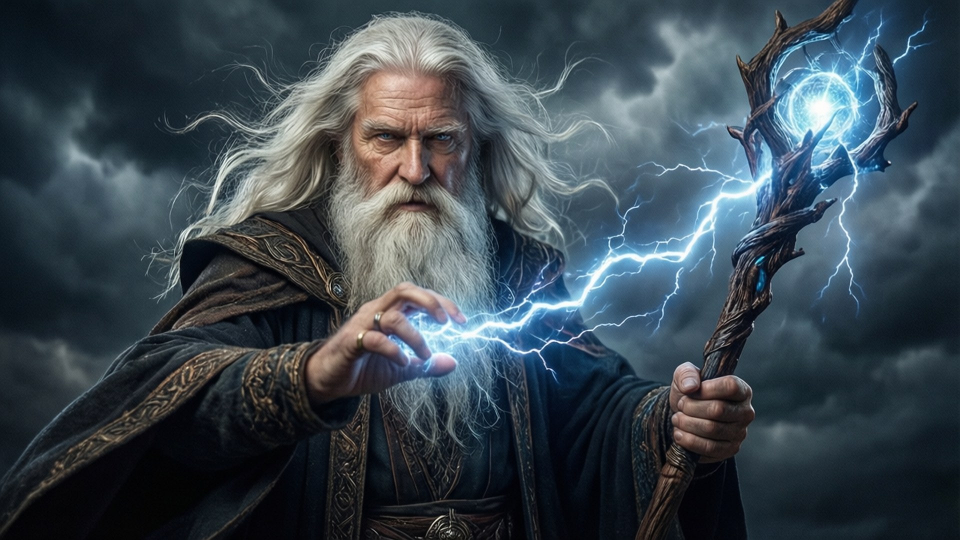 Storm Wizard's Fury 壁紙 — 一位長著白色長髮和鬍鬚的年老巫師，從他的法杖中引導藍色閃電，對抗暴風雨的天空。